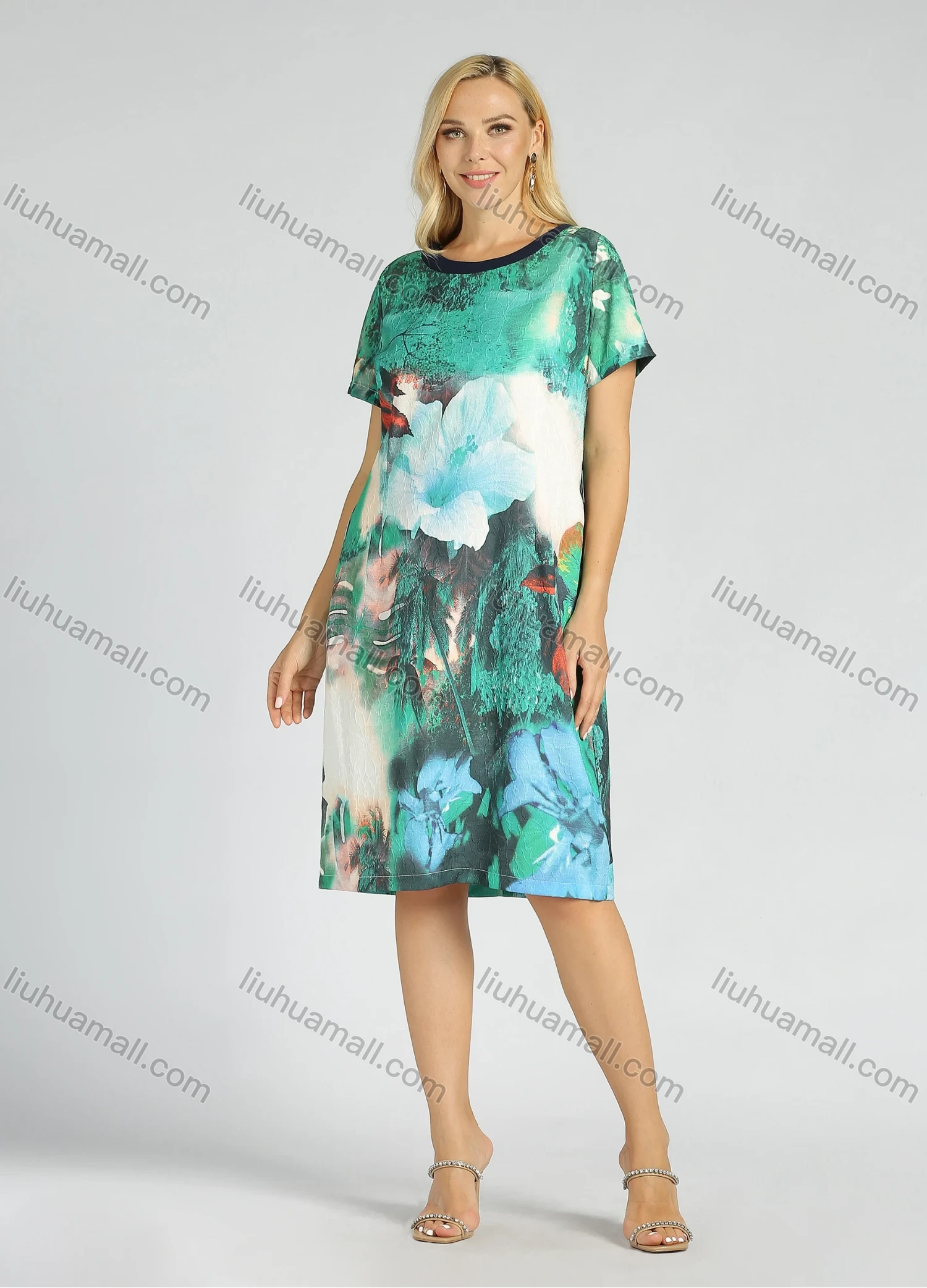 Wholesale Women's Casual Round Neck Short Sleeve Floral Graphic Bowknot Knee Length Tee Dress - Liuhuamall