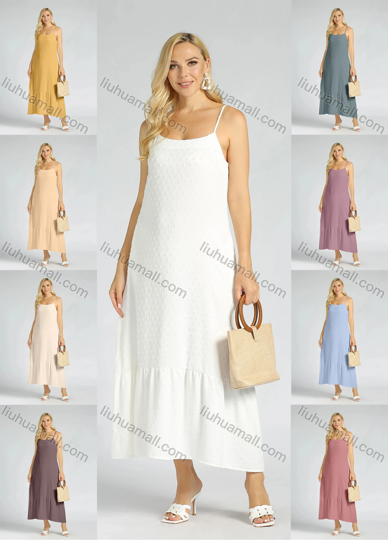 Wholesale Women's Plain Spaghetti Strap Plain Swiss Dot Cami Ruffle Hem Maxi Dress - Liuhuamall