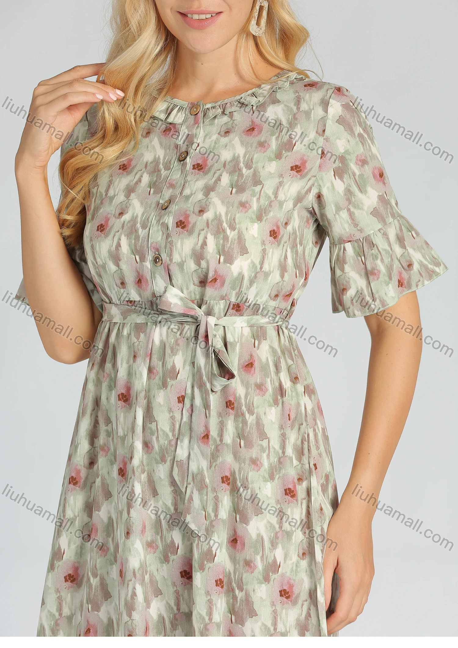 Wholesale Women's Casual Floral Painting Button Belted Maxi Dress - Liuhuamall