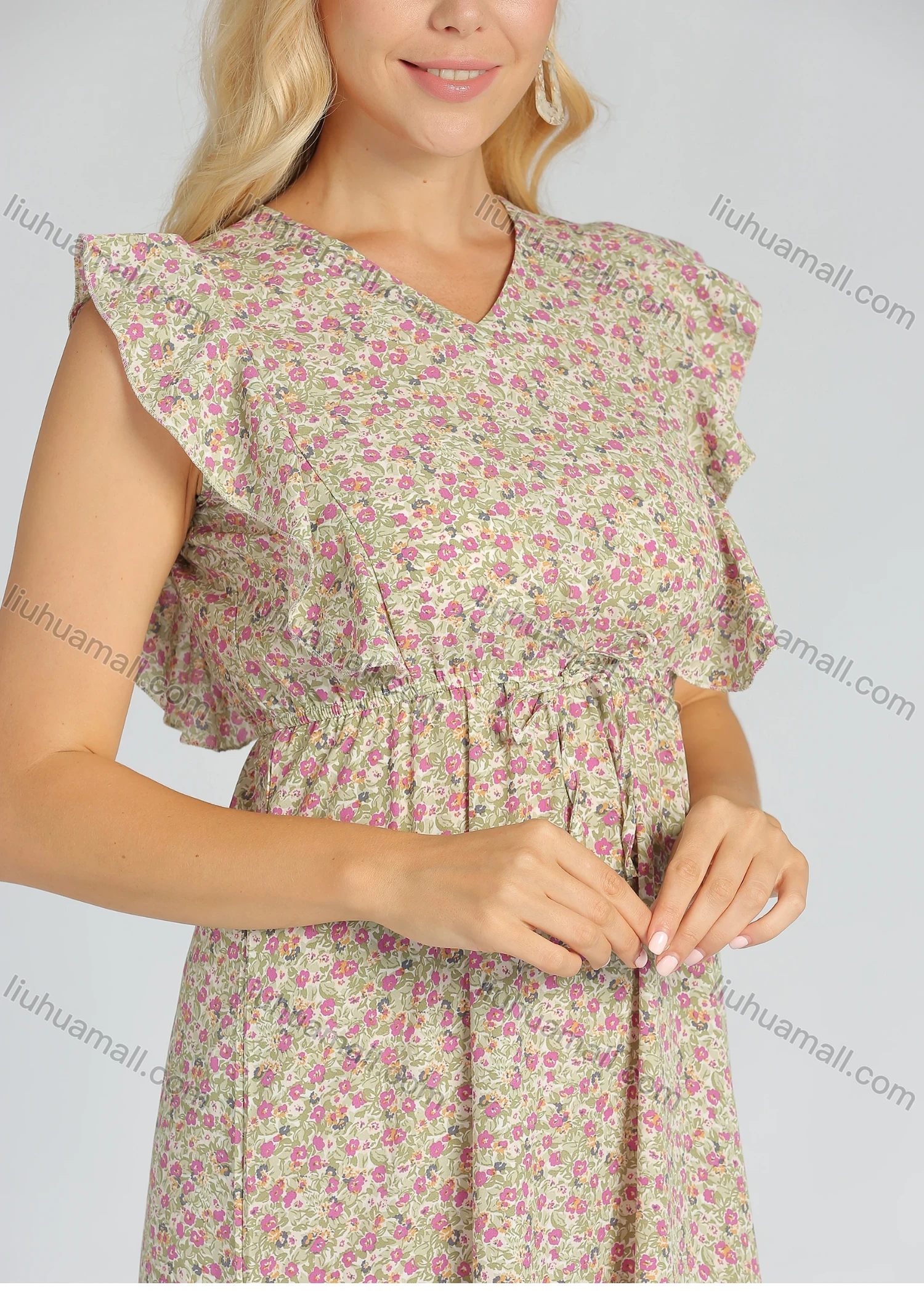 Wholesale Women's Casual V Neck Ruffle Trim Maxi Ditsy Floral Print Dress - Liuhuamall