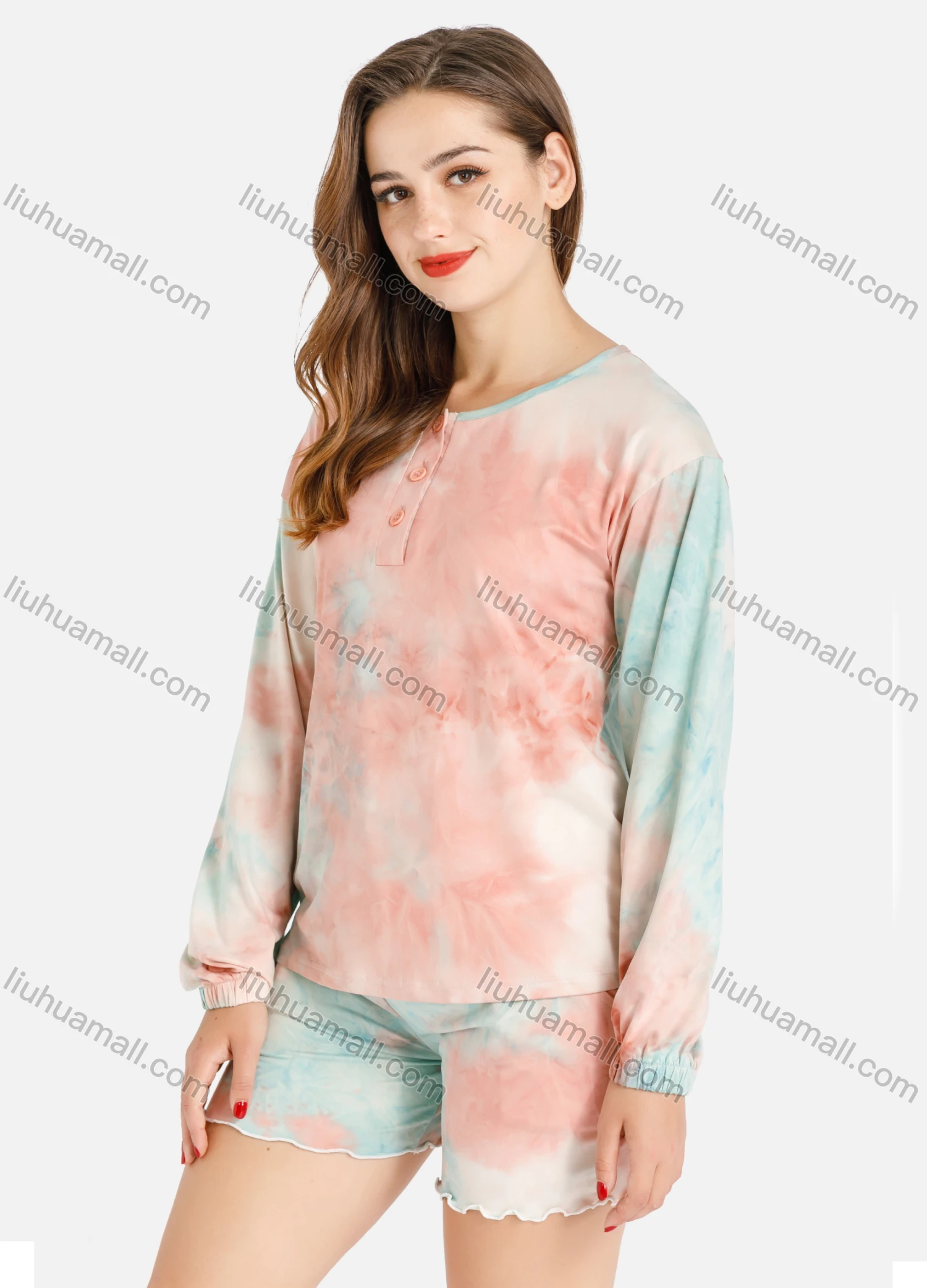 Wholesale Women's Tie Dye Long Sleeve Henley Shirt & Shorts 2 Piece Sleepwear Set - Liuhuamall
