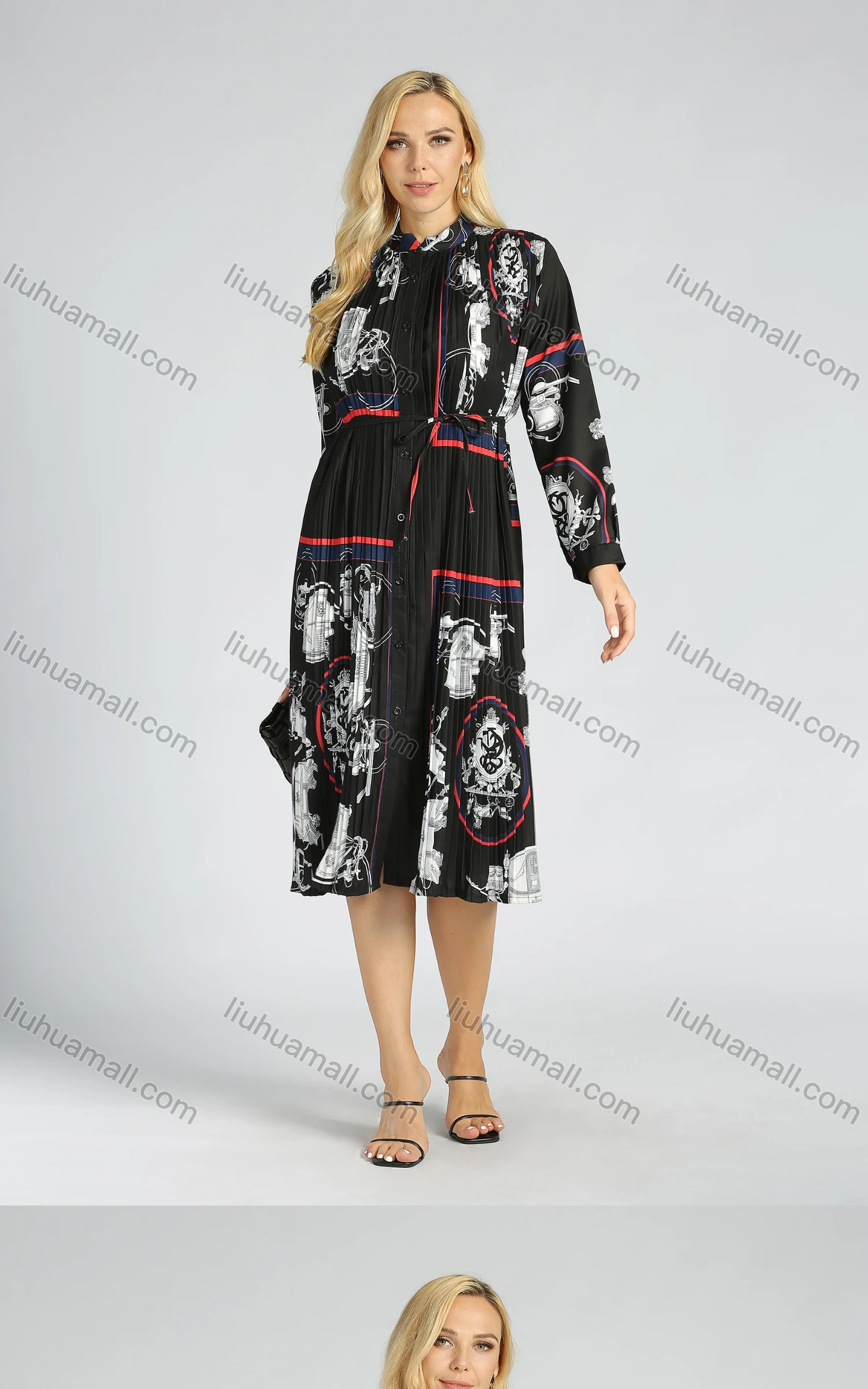 Wholesale Women's Casual Long Sleeve Stand Collar Allover Print Pleated A Line Dress - Liuhuamall