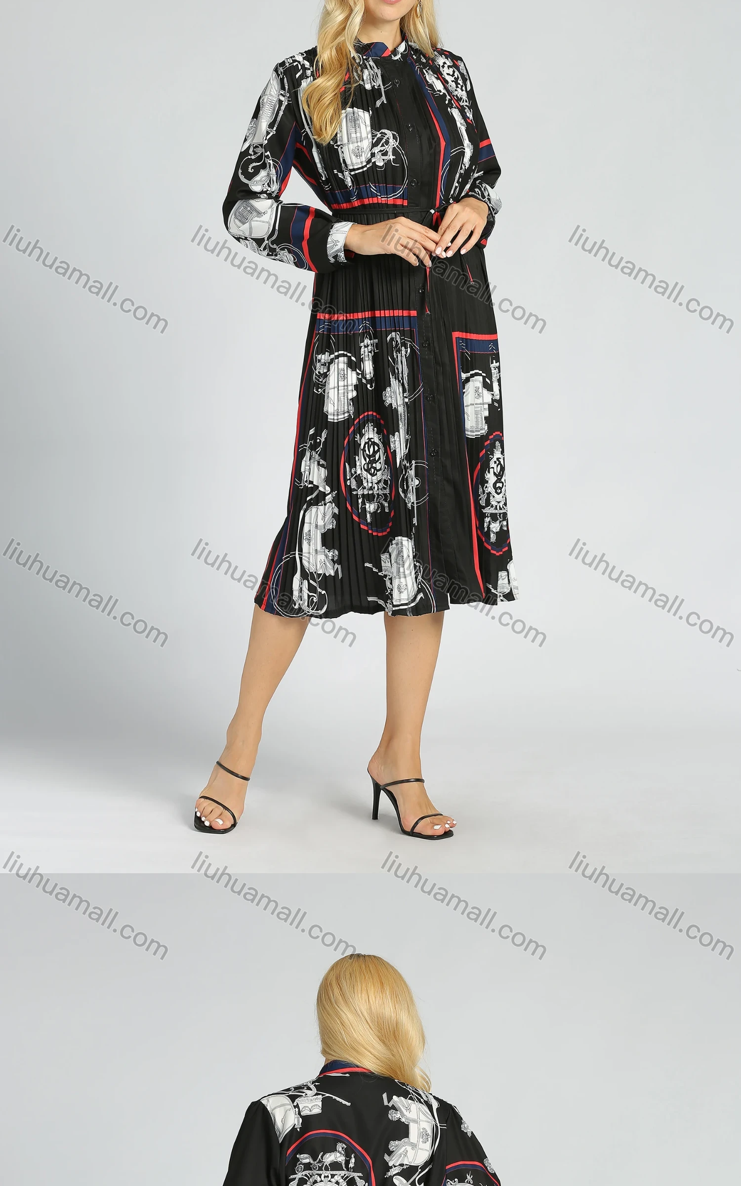 Wholesale Women's Casual Long Sleeve Stand Collar Allover Print Pleated A Line Dress - Liuhuamall