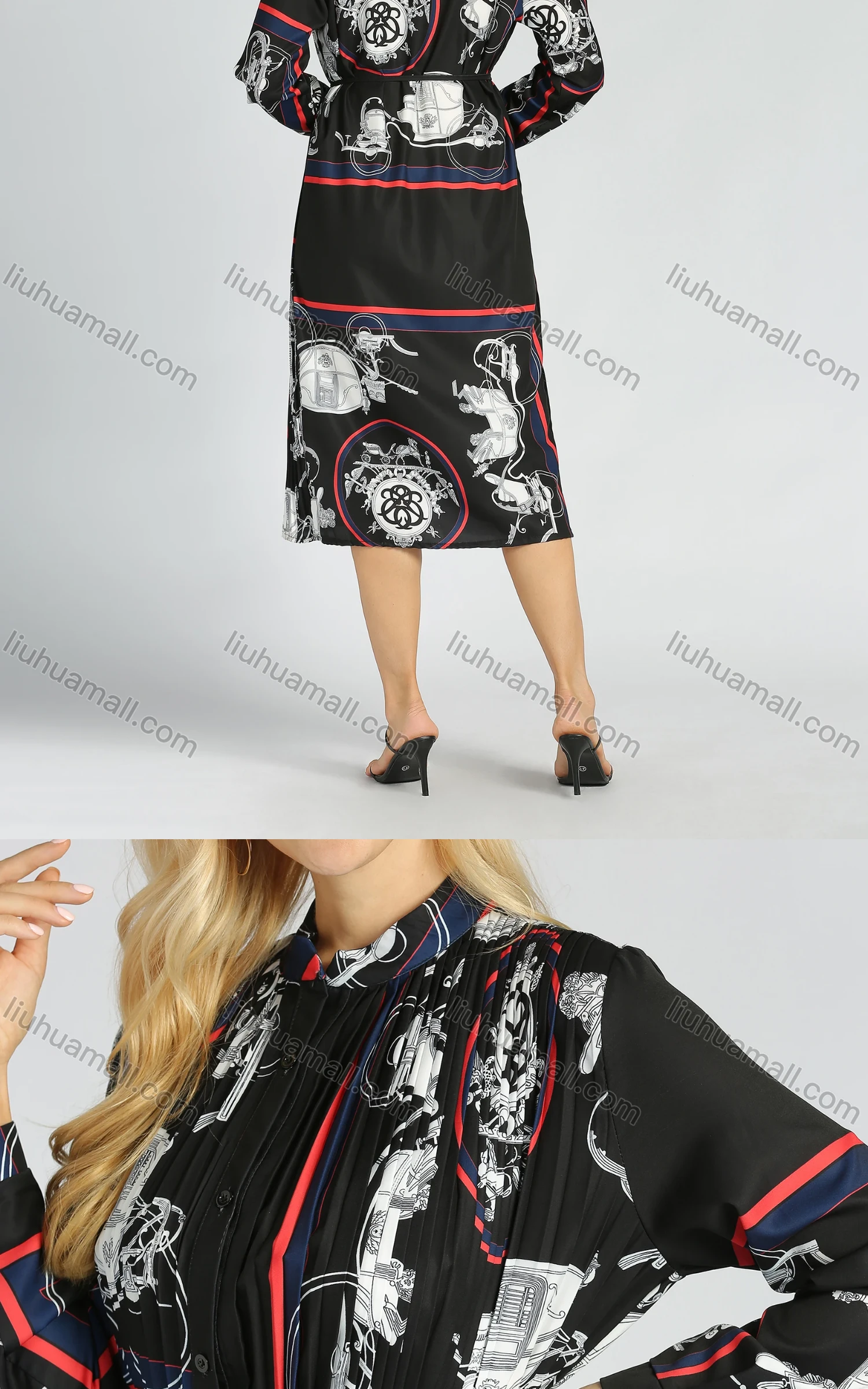 Wholesale Women's Casual Long Sleeve Stand Collar Allover Print Pleated A Line Dress - Liuhuamall