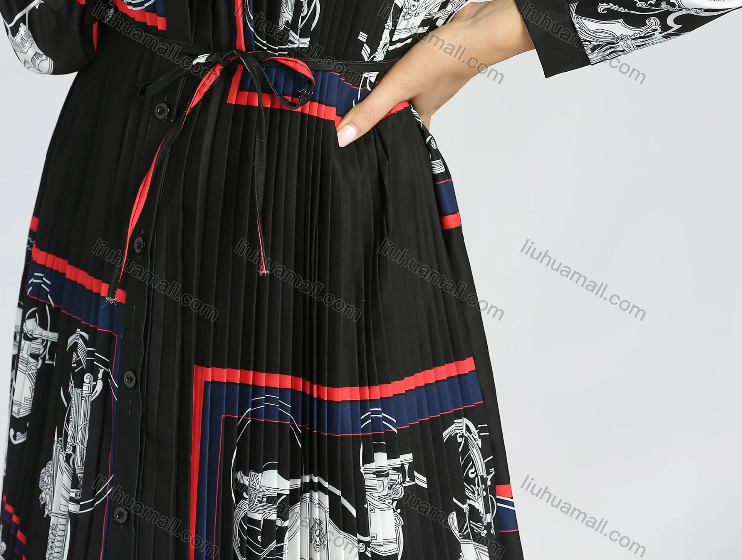 Wholesale Women's Casual Long Sleeve Stand Collar Allover Print Pleated A Line Dress - Liuhuamall