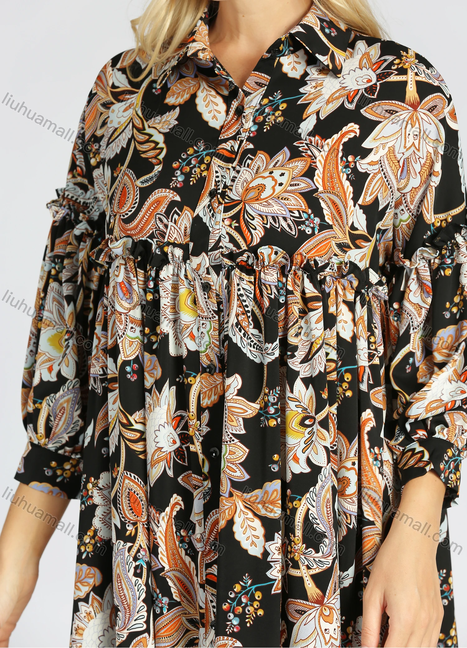 Wholesale Women's Elegant Allover Floral Print Lantern Sleeve A Line Ruffle Trim Maxi Dress - Liuhuamall