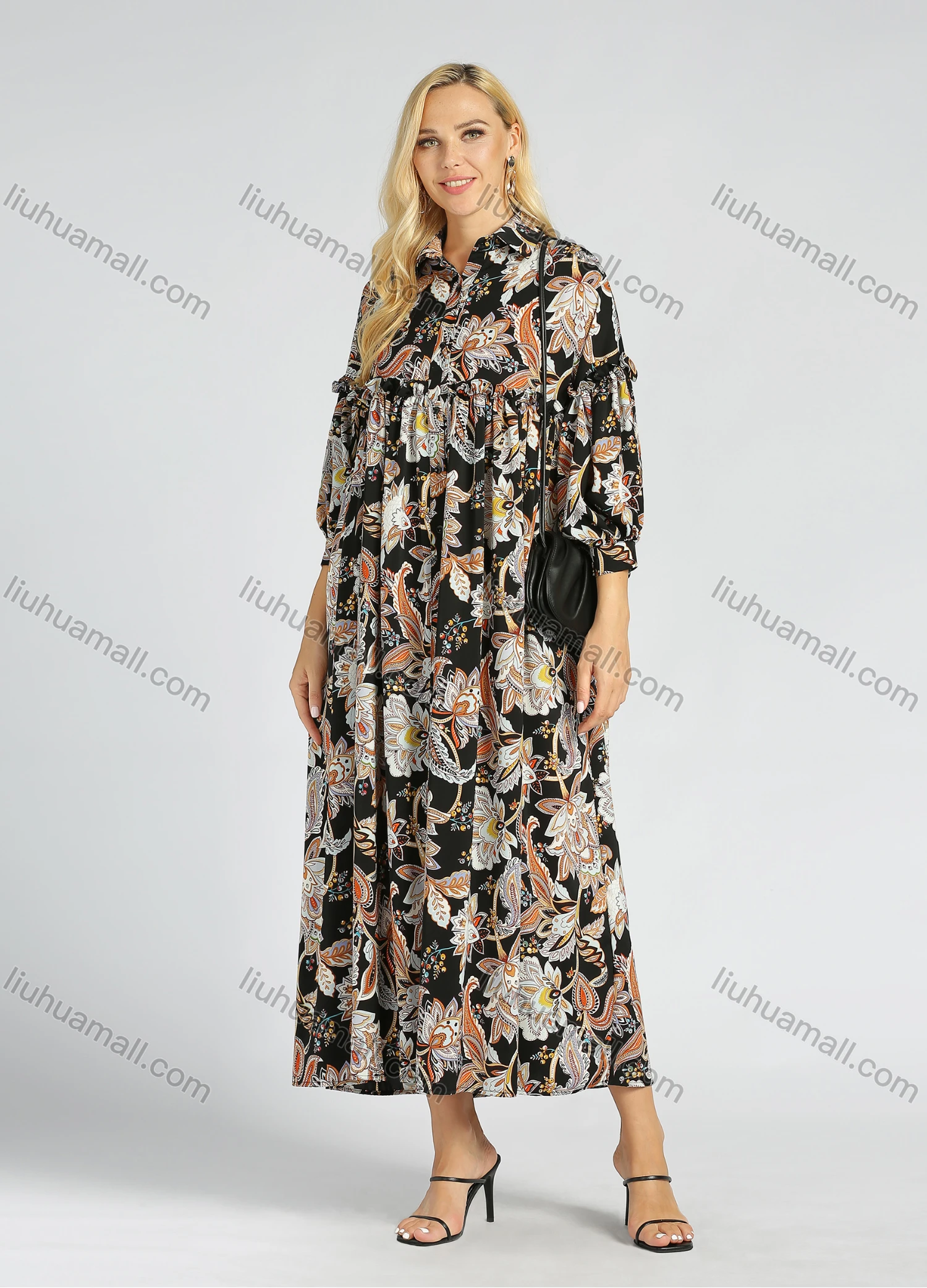 Wholesale Women's Elegant Allover Floral Print Lantern Sleeve A Line Ruffle Trim Maxi Dress - Liuhuamall