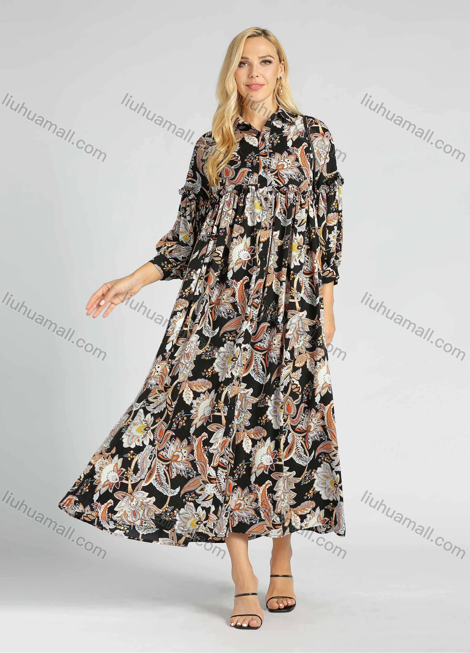 Wholesale Women's Elegant Allover Floral Print Lantern Sleeve A Line Ruffle Trim Maxi Dress - Liuhuamall