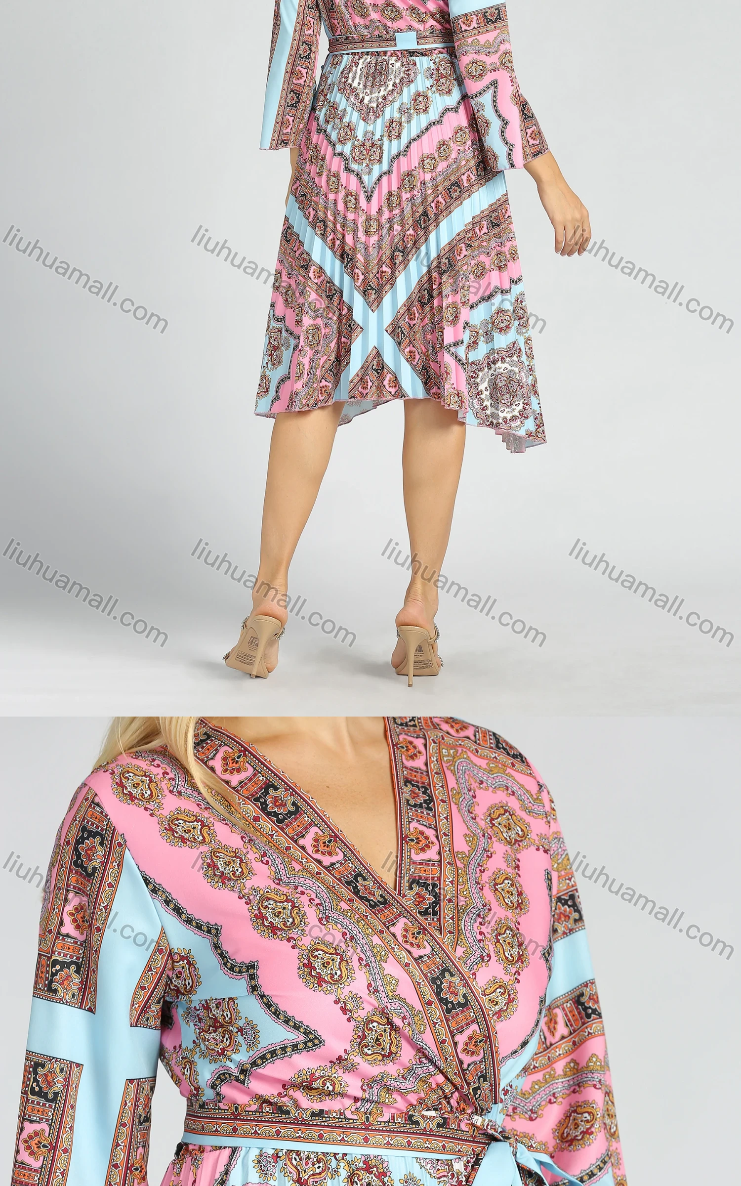 Wholesale Women's Casual Long Sleeve V Neck Folk Art Lace Up Pleated Wrap Dress - Liuhuamall