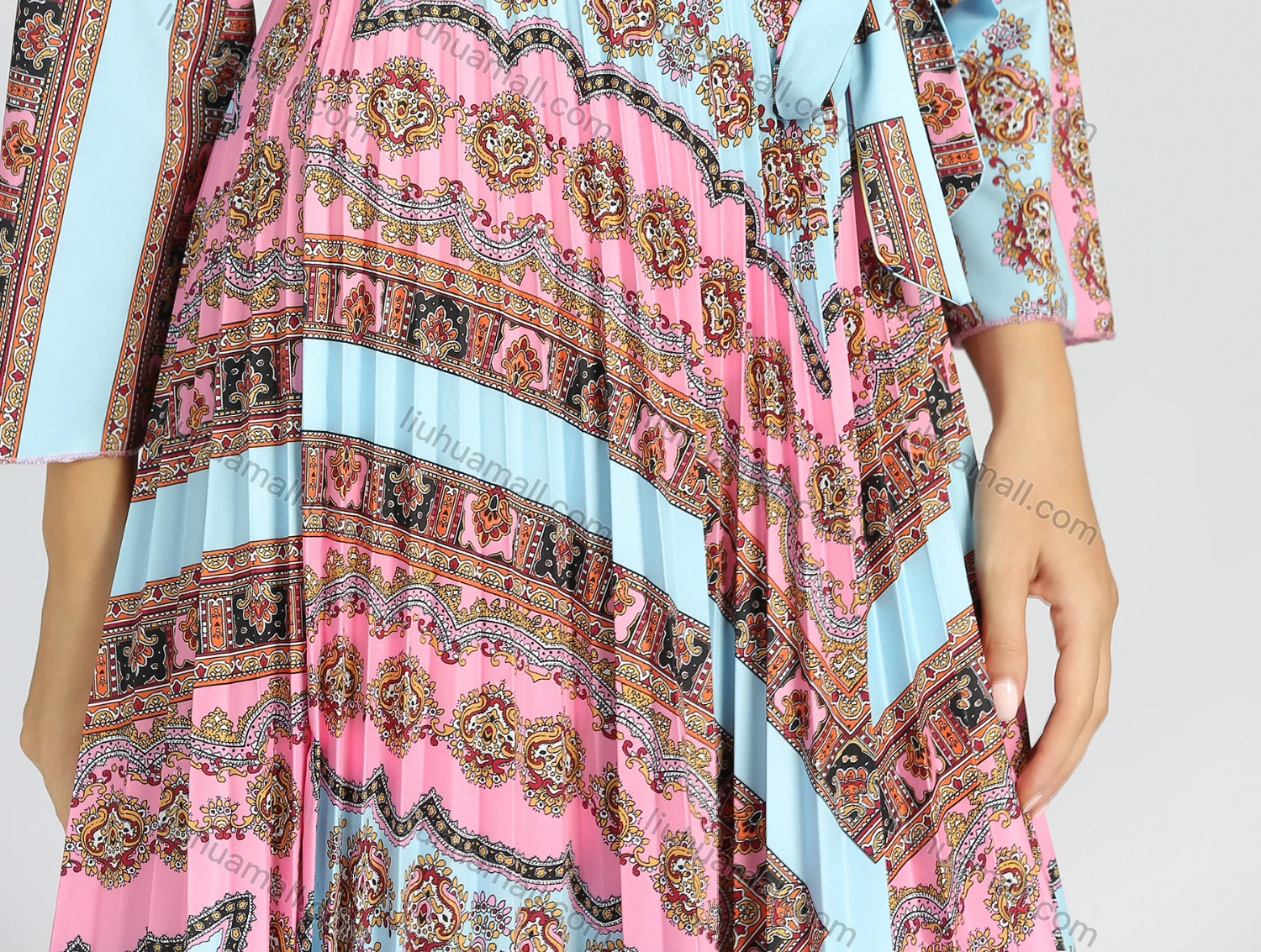 Wholesale Women's Casual Long Sleeve V Neck Folk Art Lace Up Pleated Wrap Dress - Liuhuamall