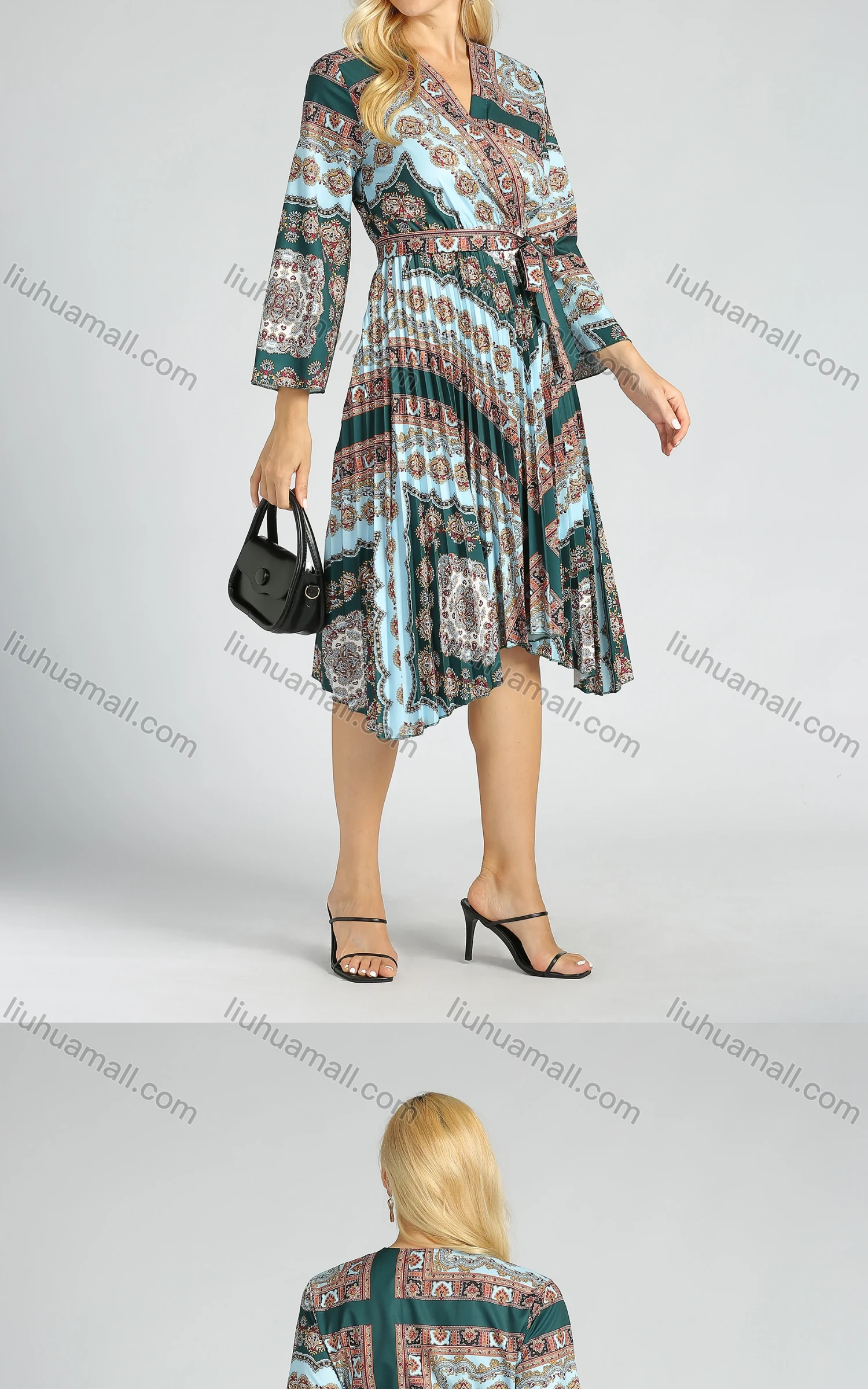 Wholesale Women's Casual V Neck Folkloric Print Lace Up A Line Pleated Wrap Dress - Liuhuamall