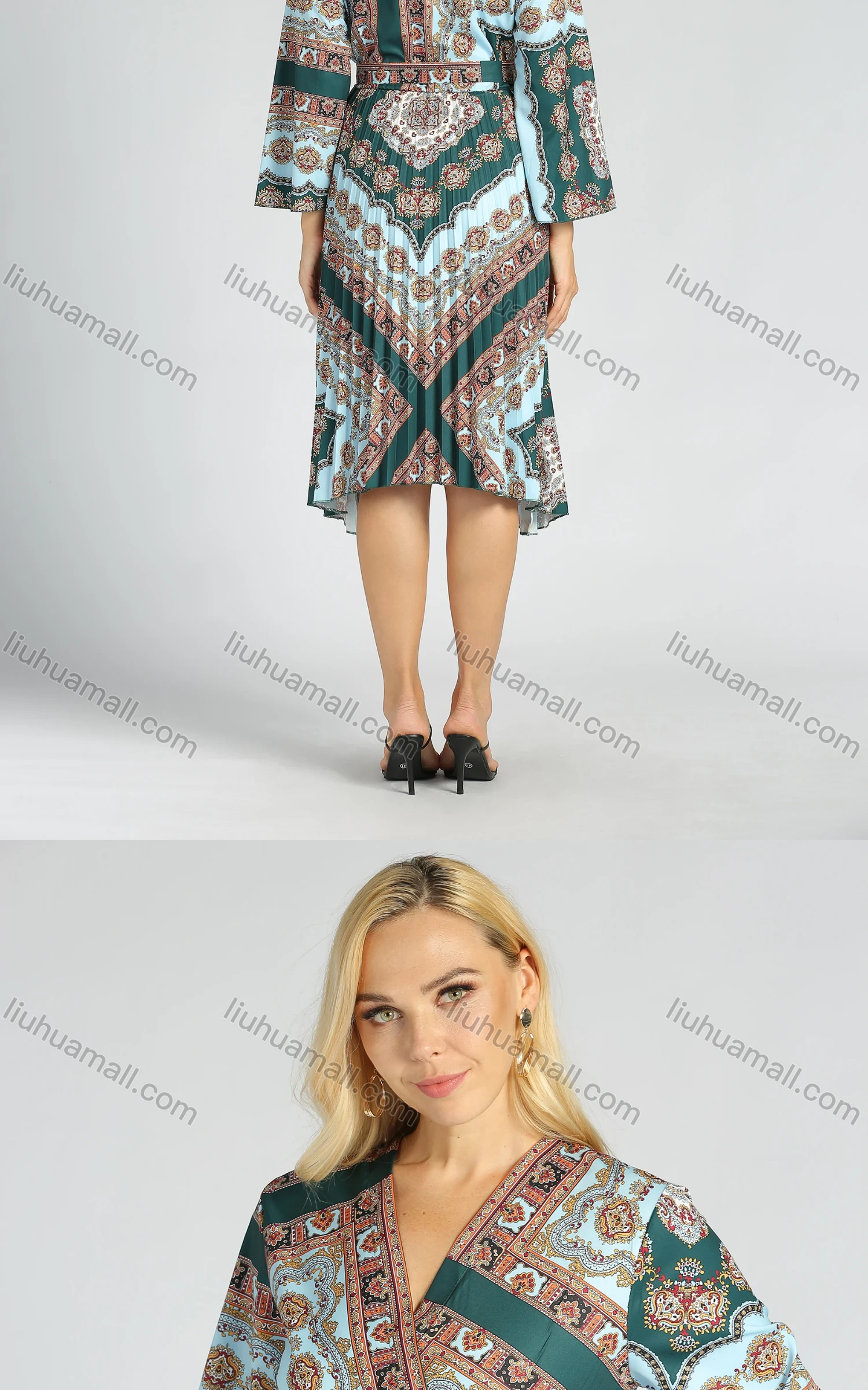 Wholesale Women's Casual V Neck Folkloric Print Lace Up A Line Pleated Wrap Dress - Liuhuamall