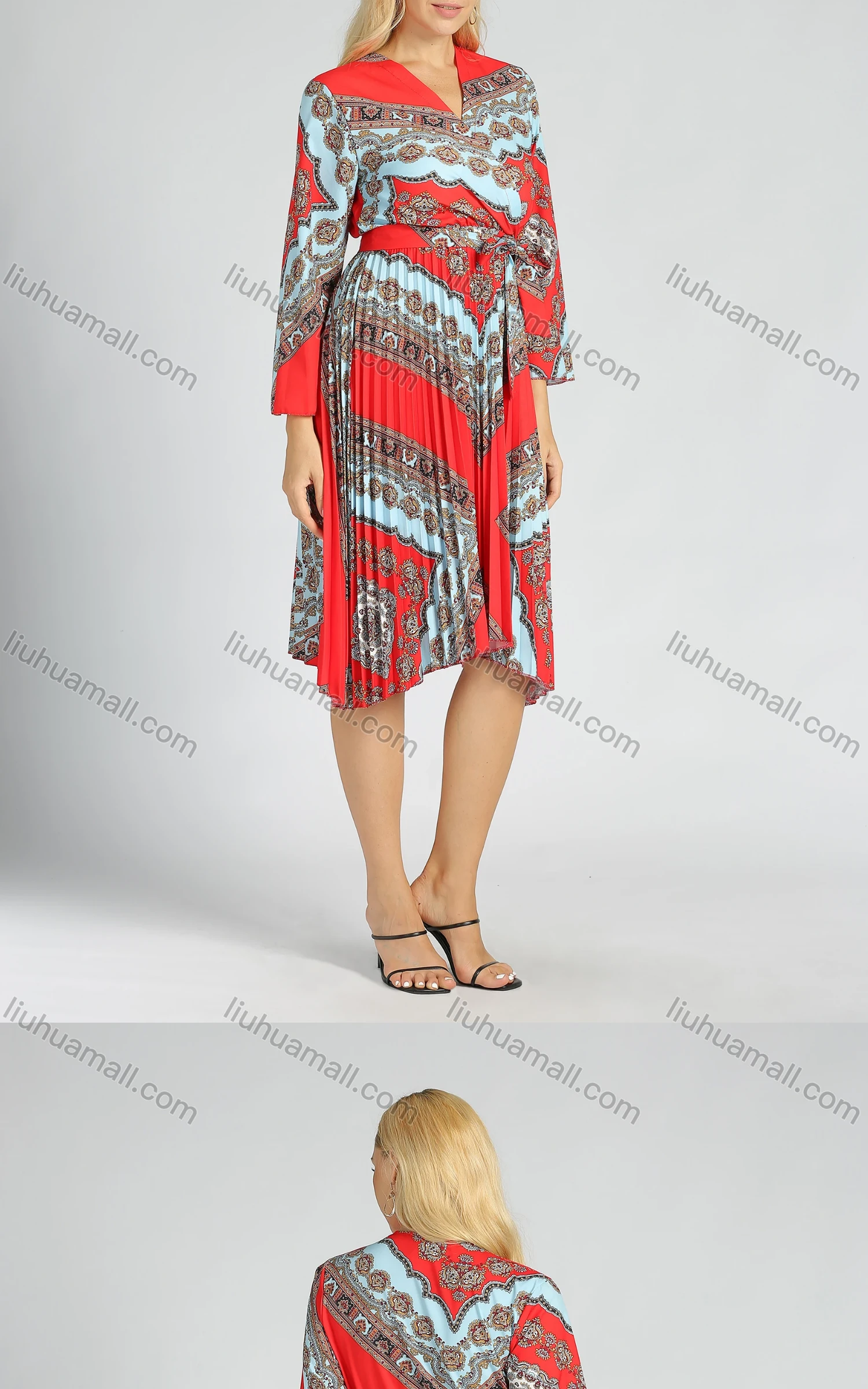 Wholesale Women's Casual Folk Art Print V-Neck A Line Pleated Wrap Dress - Liuhuamall