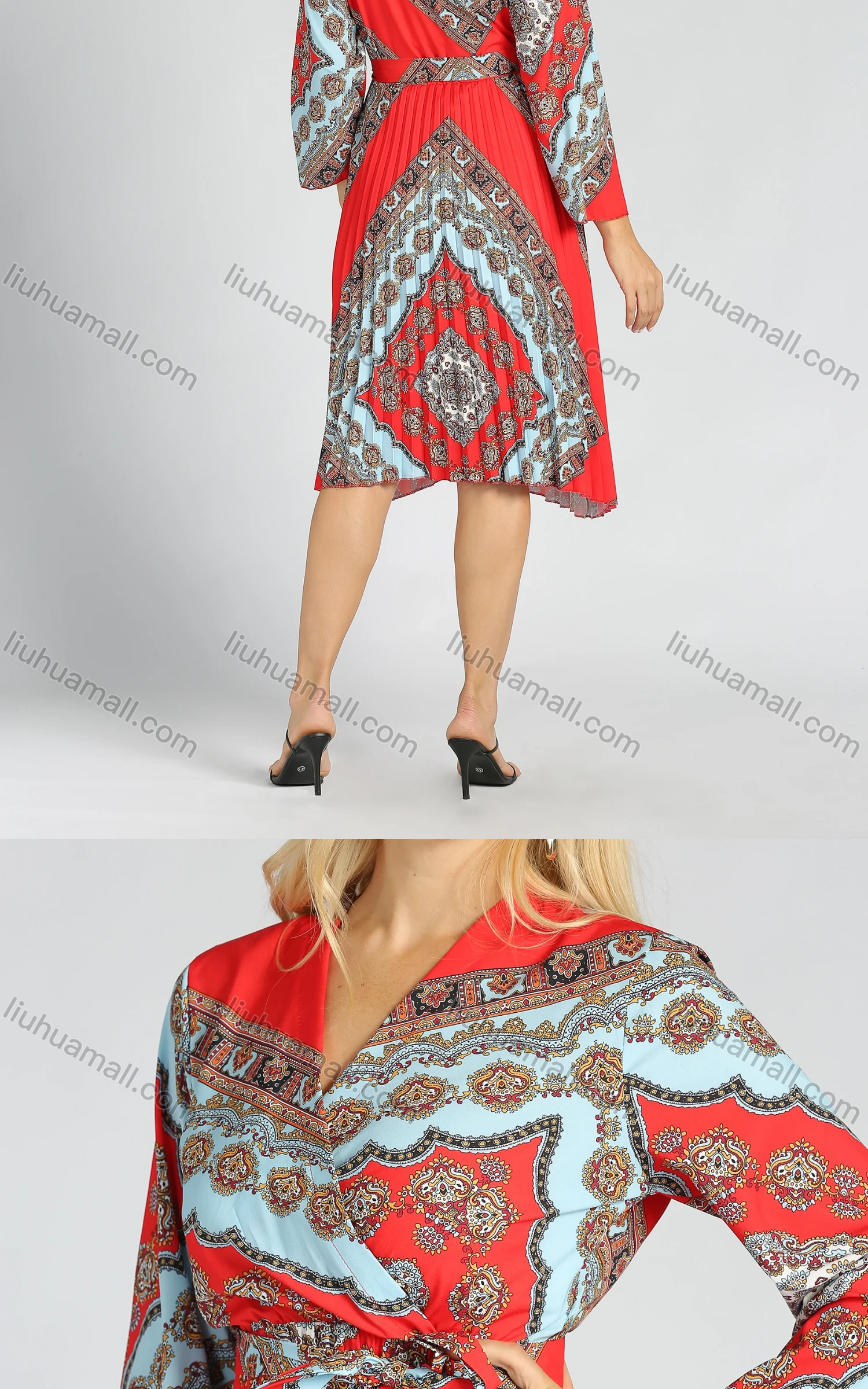 Wholesale Women's Casual Folk Art Print V-Neck A Line Pleated Wrap Dress - Liuhuamall