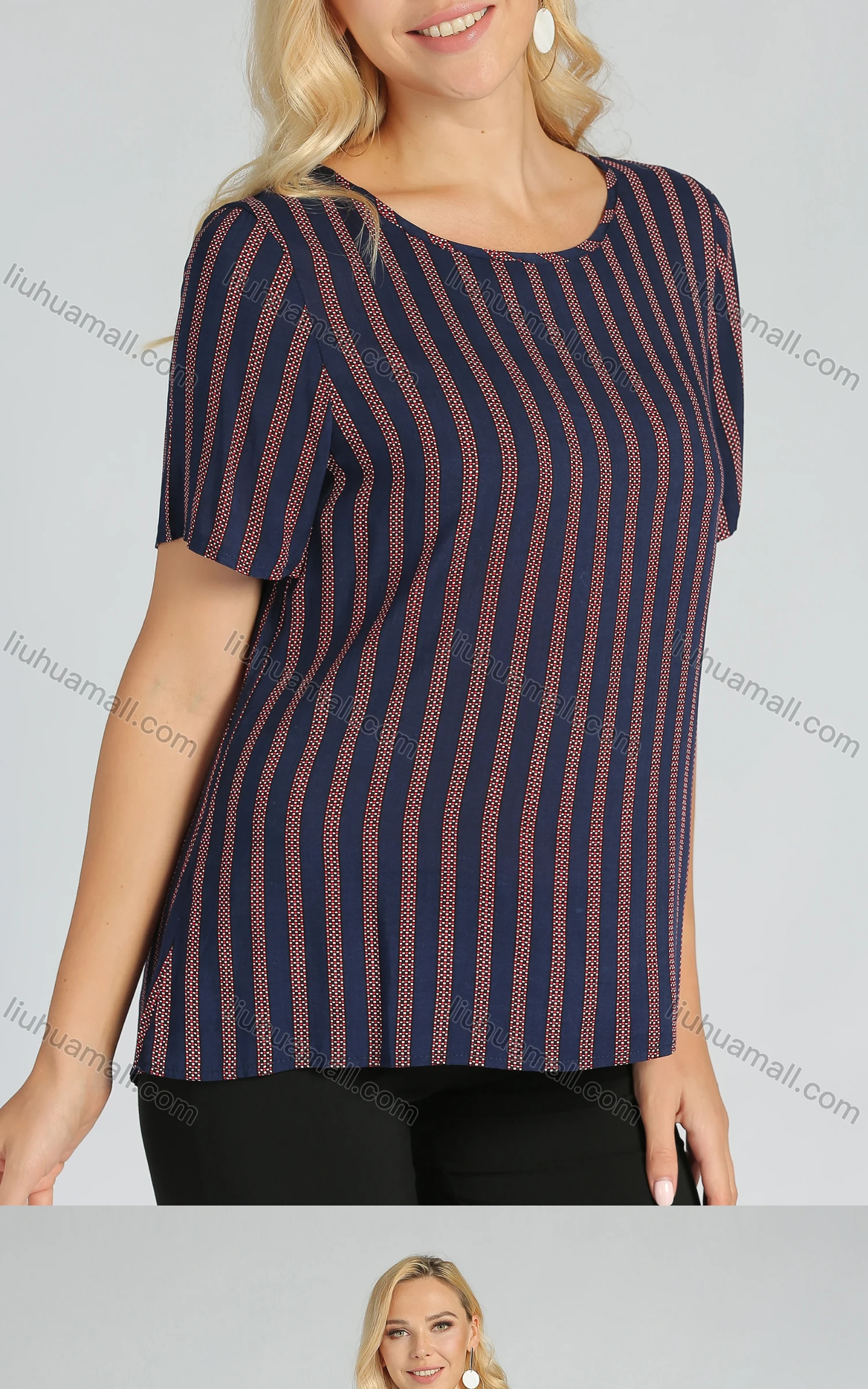 Wholesale Women's Casual Round Neck Short Sleeve Striped Print Tee - Liuhuamall