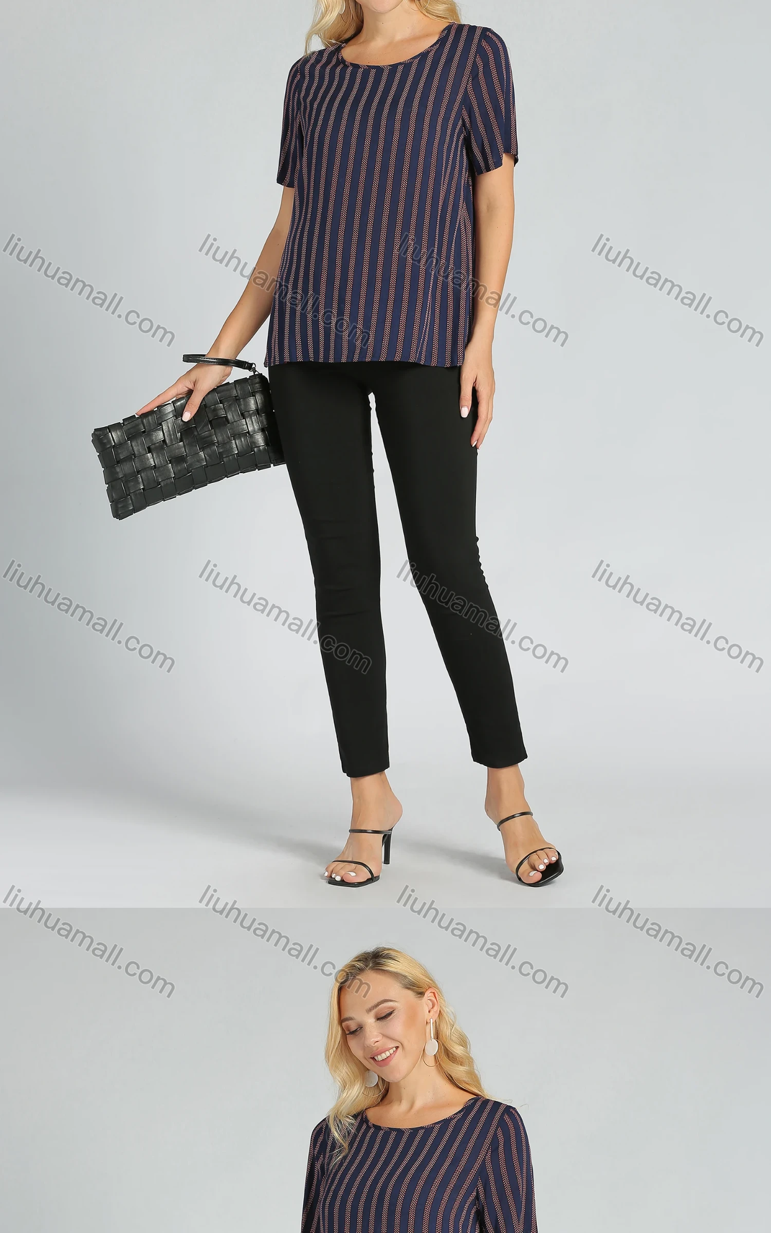 Wholesale Women's Casual Round Neck Short Sleeve Striped Print Tee - Liuhuamall