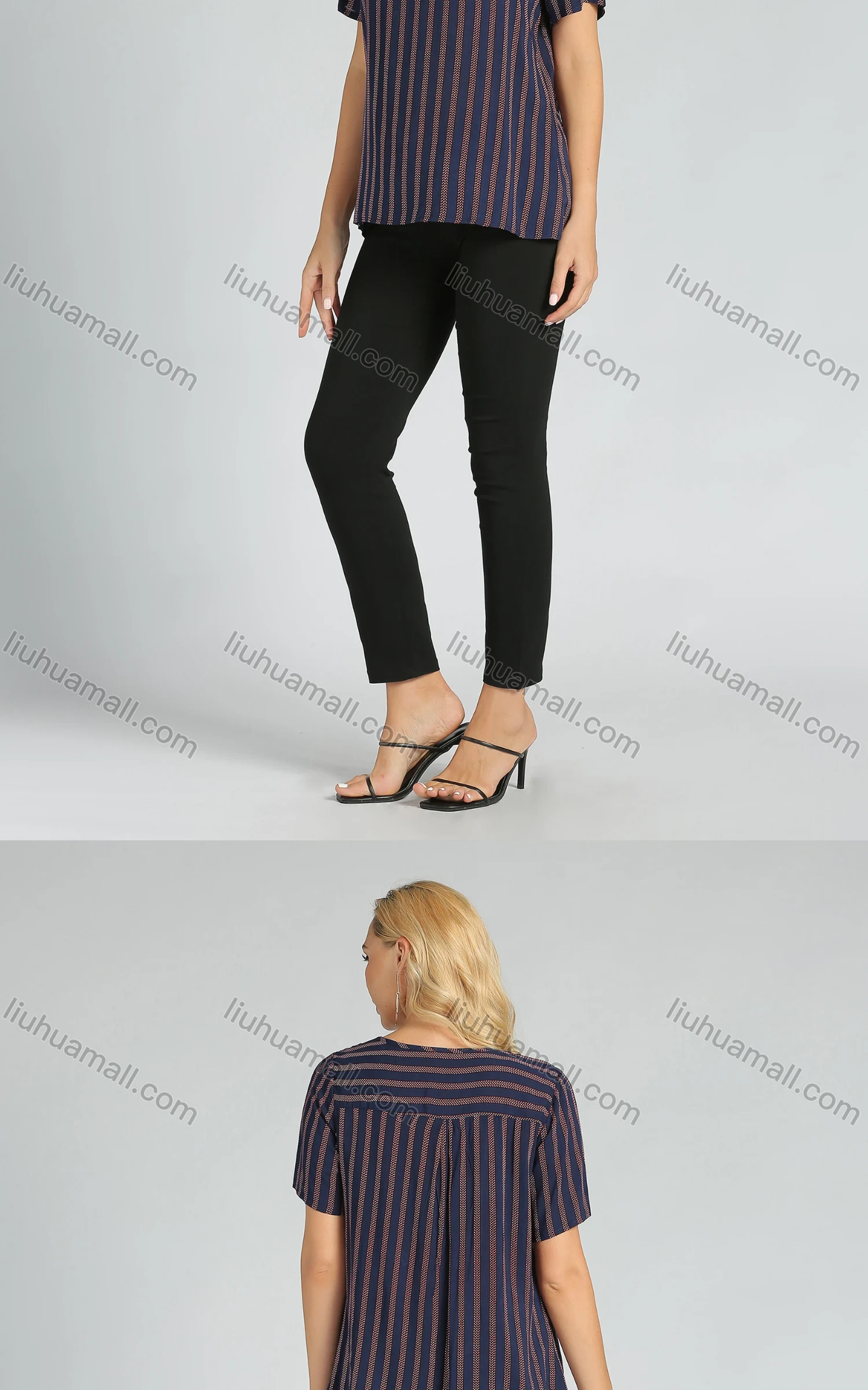 Wholesale Women's Casual Round Neck Short Sleeve Striped Print Tee - Liuhuamall