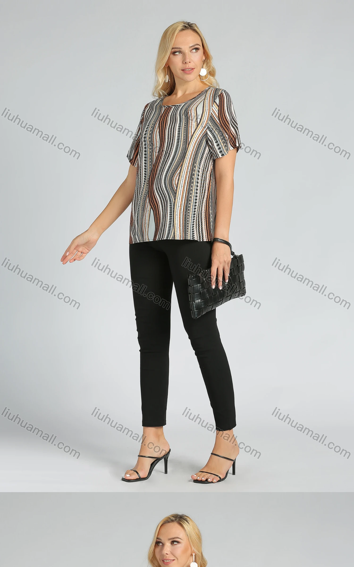 Wholesale Women's Casual Round Neck Abstract Print Keyhole Back Tee - Liuhuamall