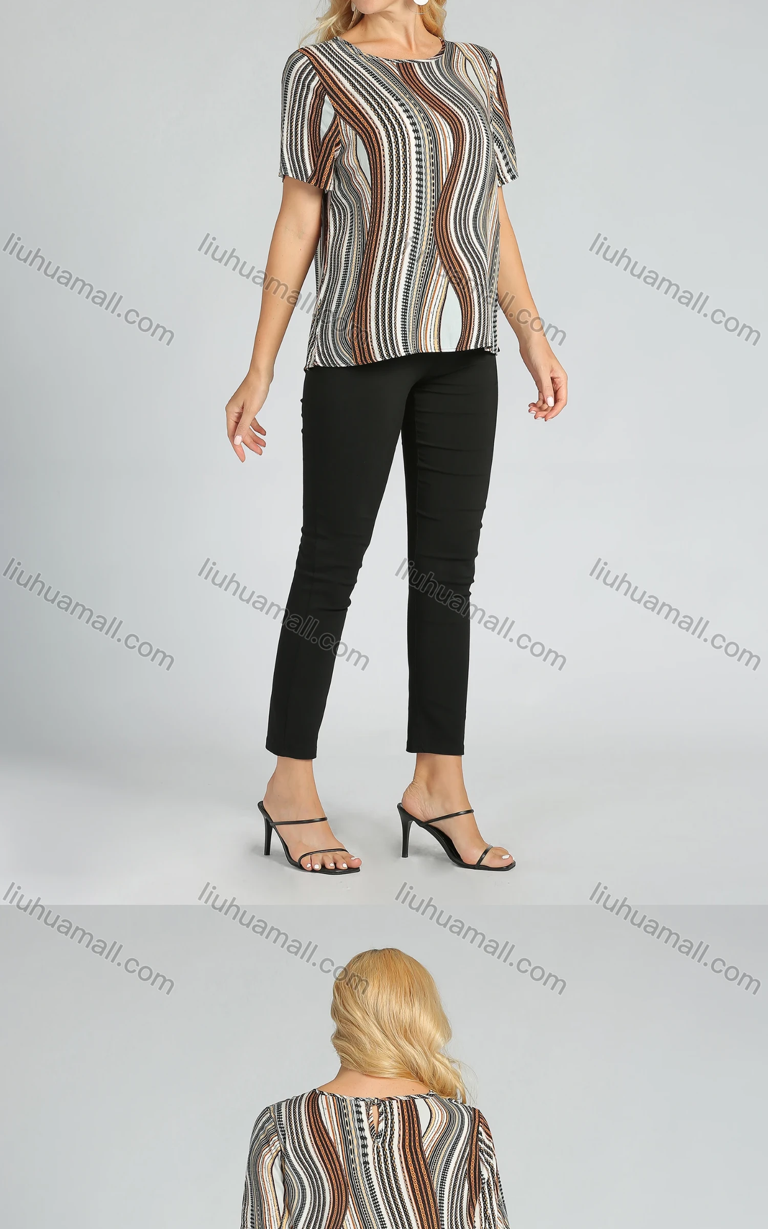 Wholesale Women's Casual Round Neck Abstract Print Keyhole Back Tee - Liuhuamall