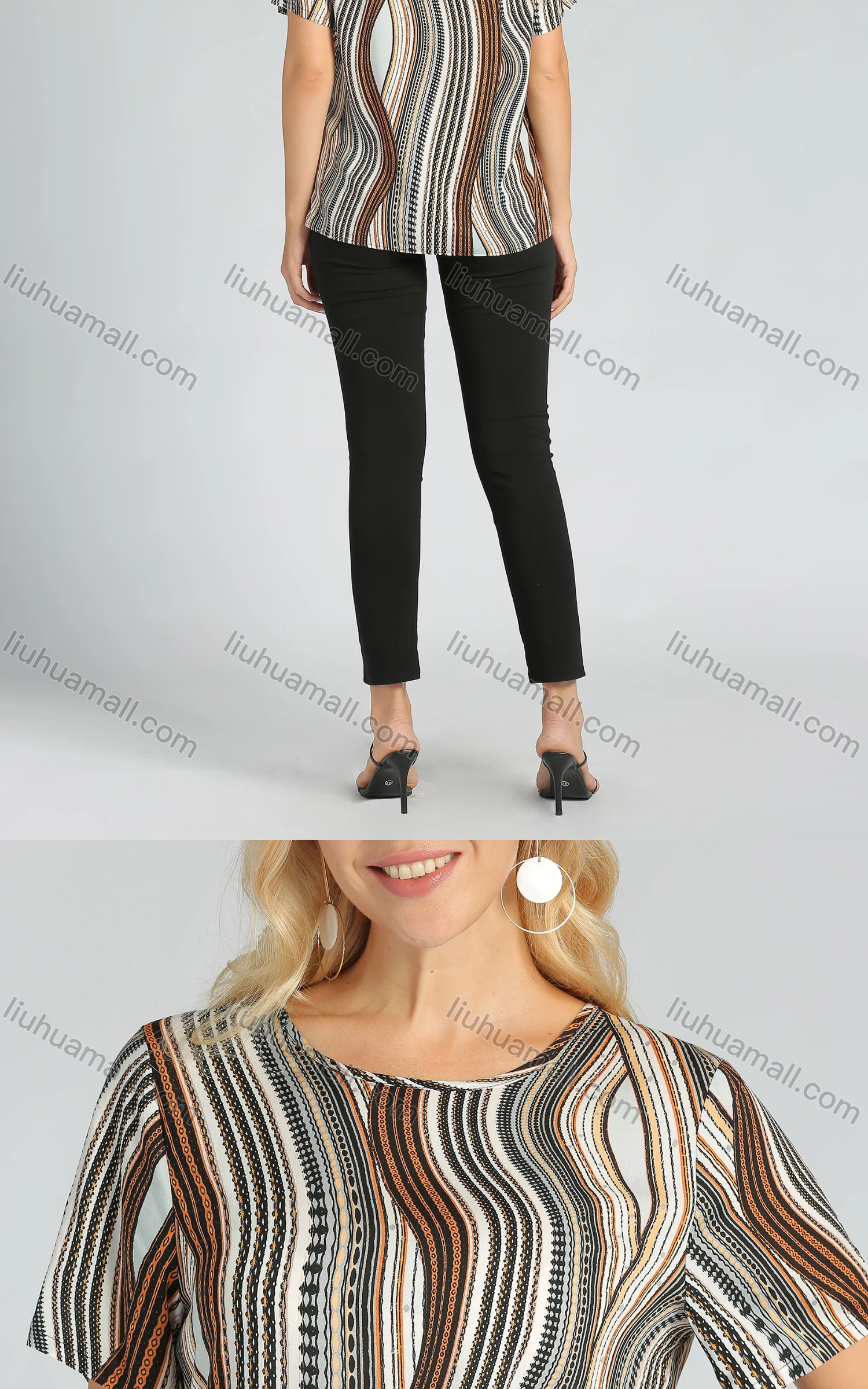 Wholesale Women's Casual Round Neck Abstract Print Keyhole Back Tee - Liuhuamall