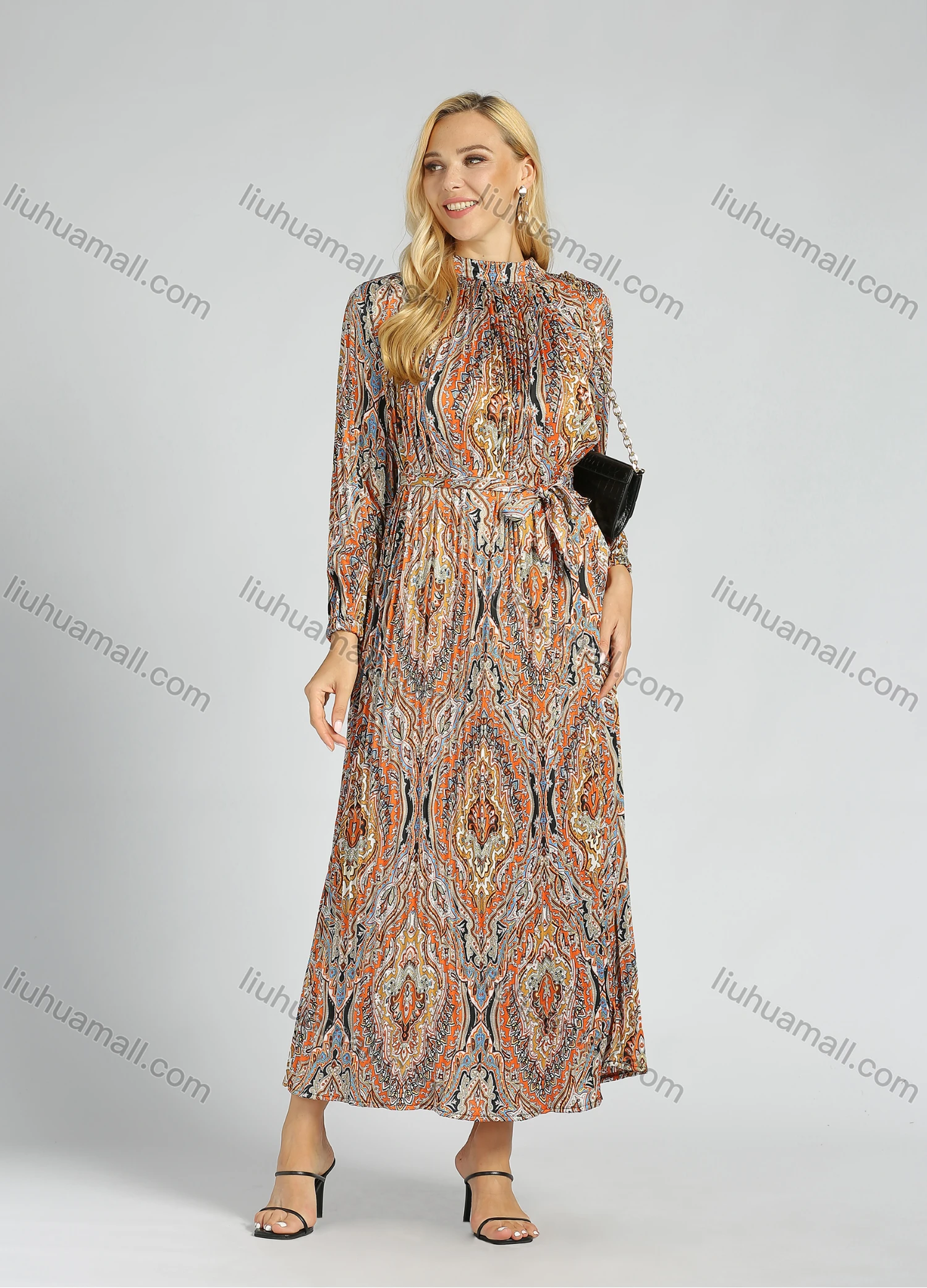 Wholesale Women's Elegant Stand Collar Long Sleeve Allover Tribal Print Pleated Maxi Dress With Belt - Liuhuamall