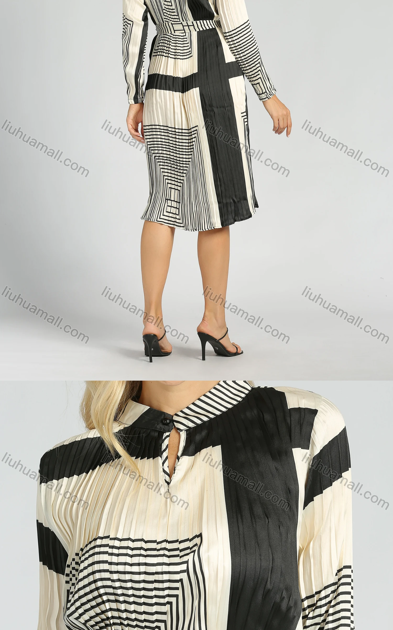 Wholesale Women's Casual Geometry Print Keyhole Neck Long Sleeve Lace Up Pleated Dress - Liuhuamall