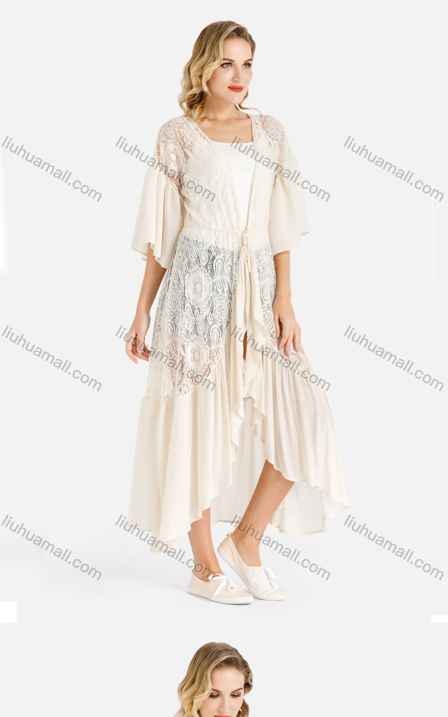 Wholesale Women's Flounce Sleeve Open Front Guipure Lace Fringe Drawstring Asymmetrical Ruffle Hem Cover Up - Liuhuamall