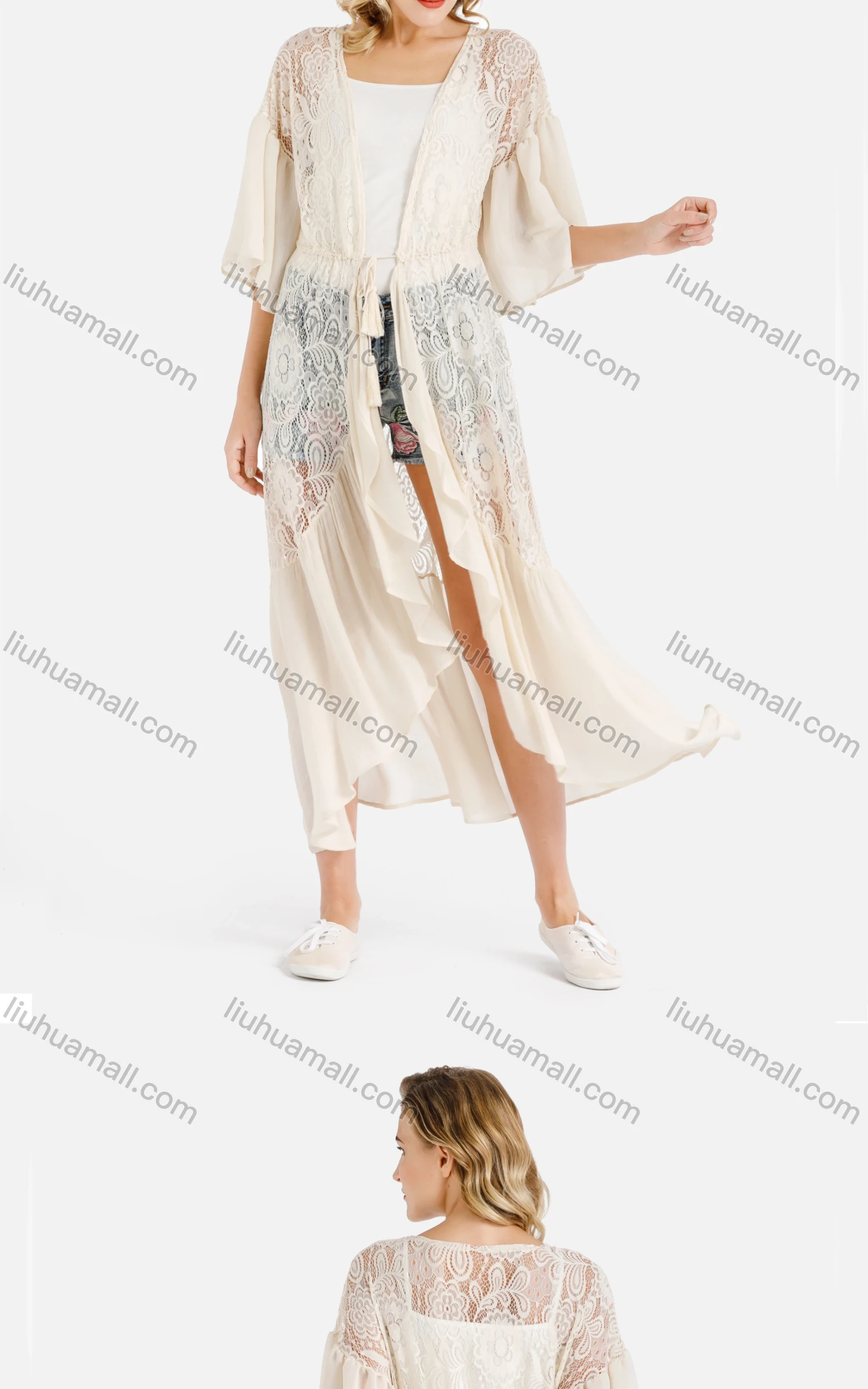 Wholesale Women's Flounce Sleeve Open Front Guipure Lace Fringe Drawstring Asymmetrical Ruffle Hem Cover Up - Liuhuamall