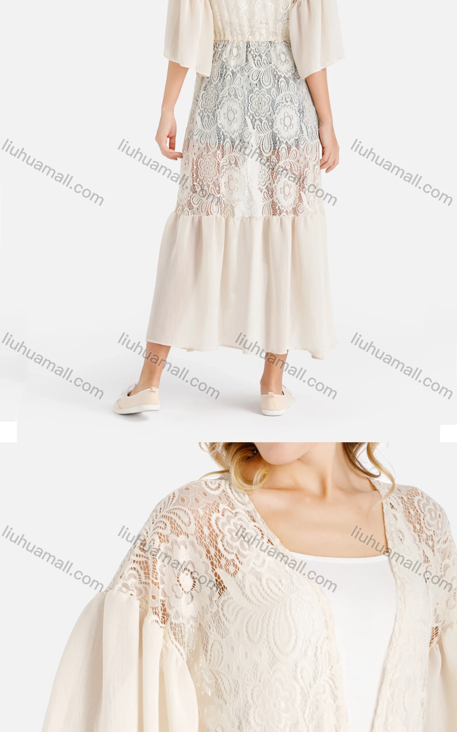 Wholesale Women's Flounce Sleeve Open Front Guipure Lace Fringe Drawstring Asymmetrical Ruffle Hem Cover Up - Liuhuamall