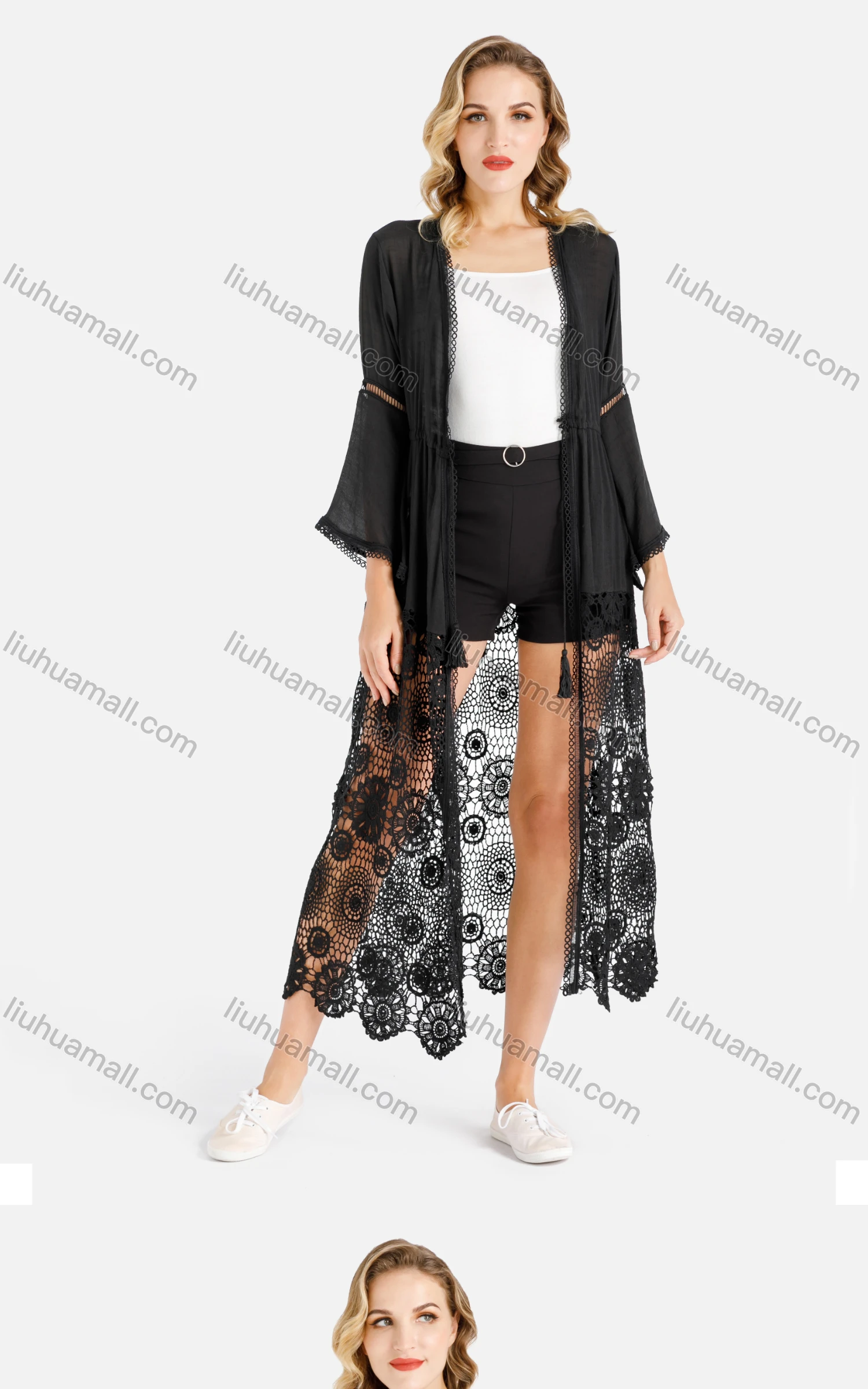 Wholesale Women's Trumpet Sleeve Open Front Fringe Drawstring Floral Lace Hem Cover Up Cardigan - Liuhuamall