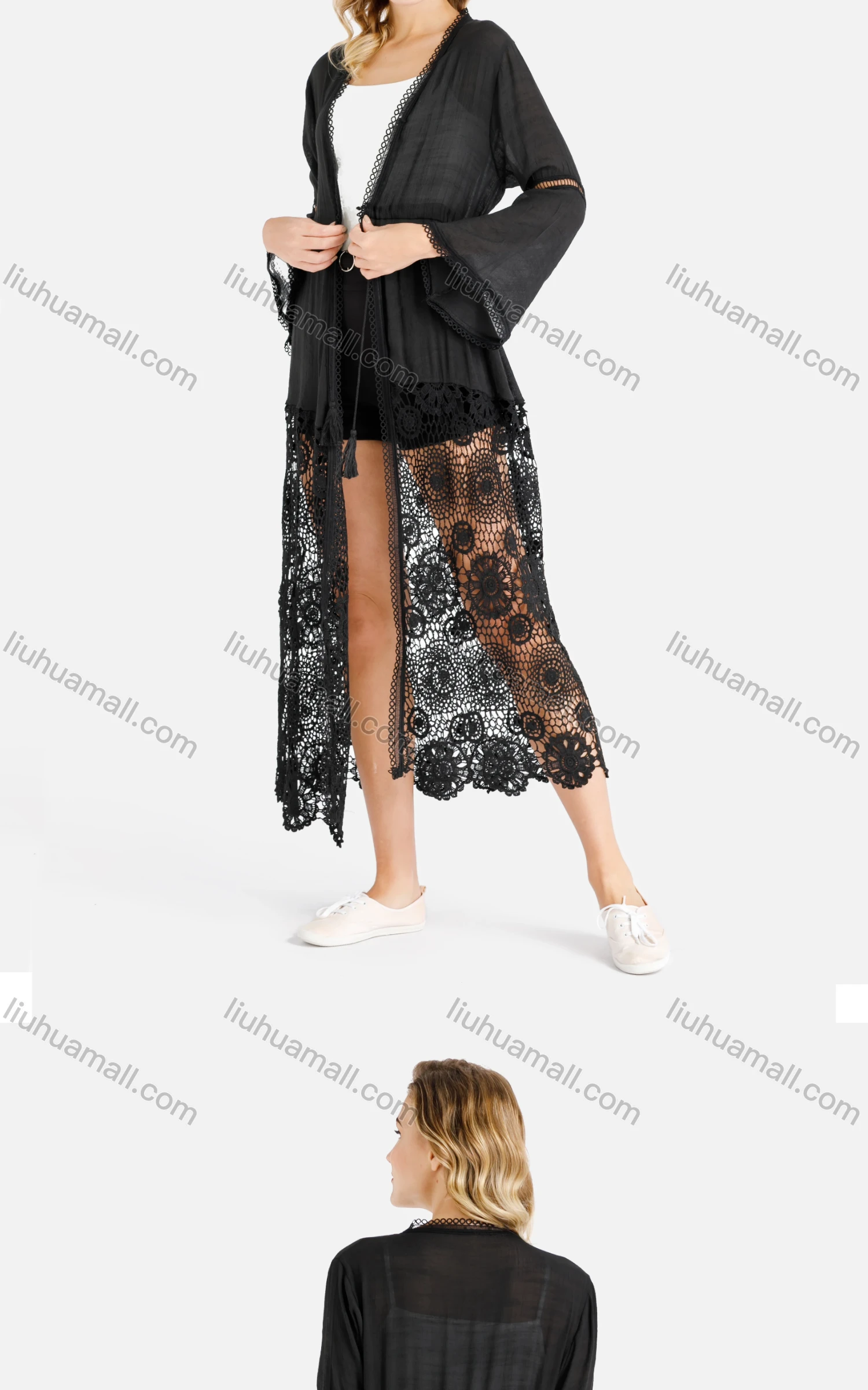 Wholesale Women's Trumpet Sleeve Open Front Fringe Drawstring Floral Lace Hem Cover Up Cardigan - Liuhuamall