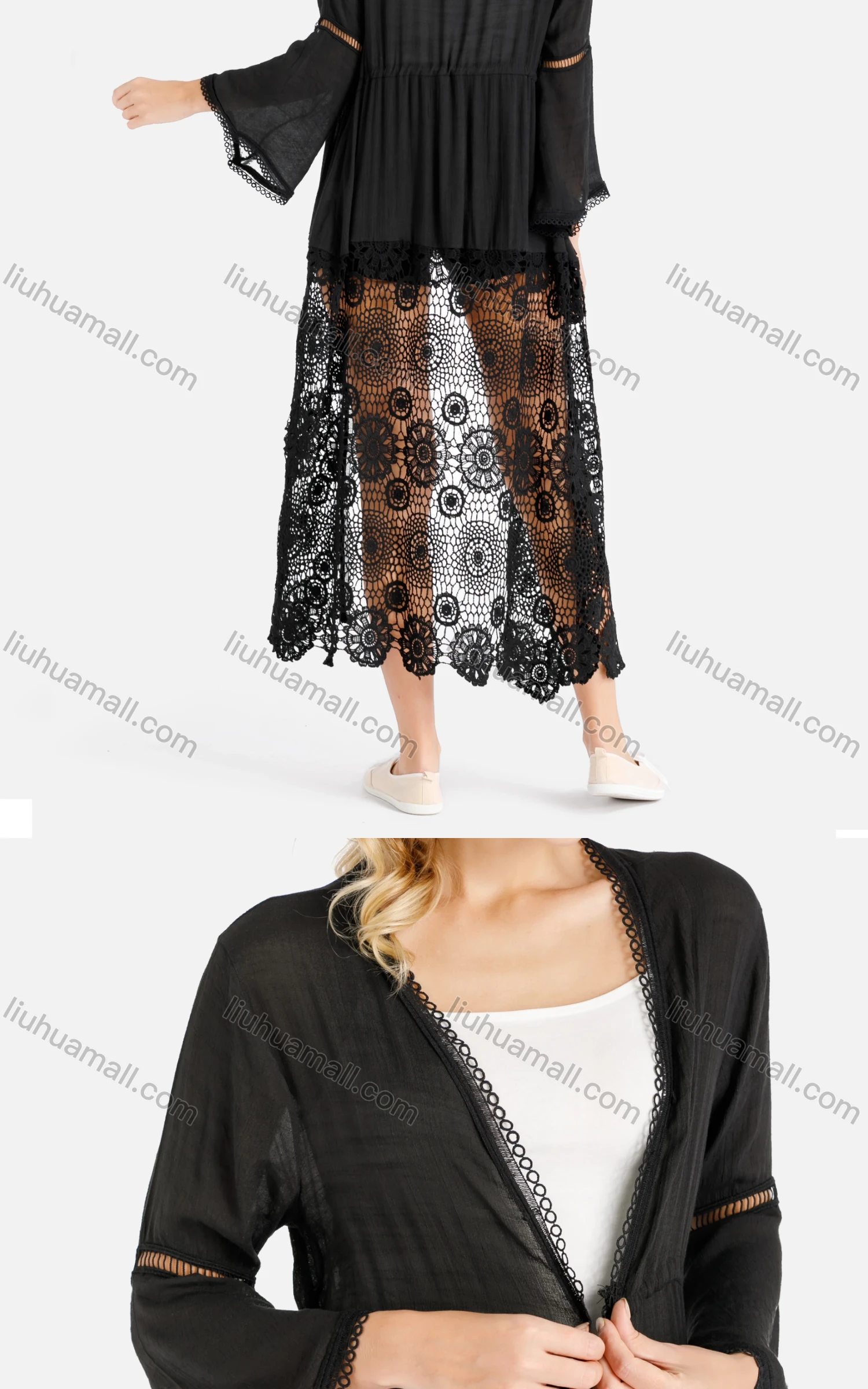 Wholesale Women's Trumpet Sleeve Open Front Fringe Drawstring Floral Lace Hem Cover Up Cardigan - Liuhuamall