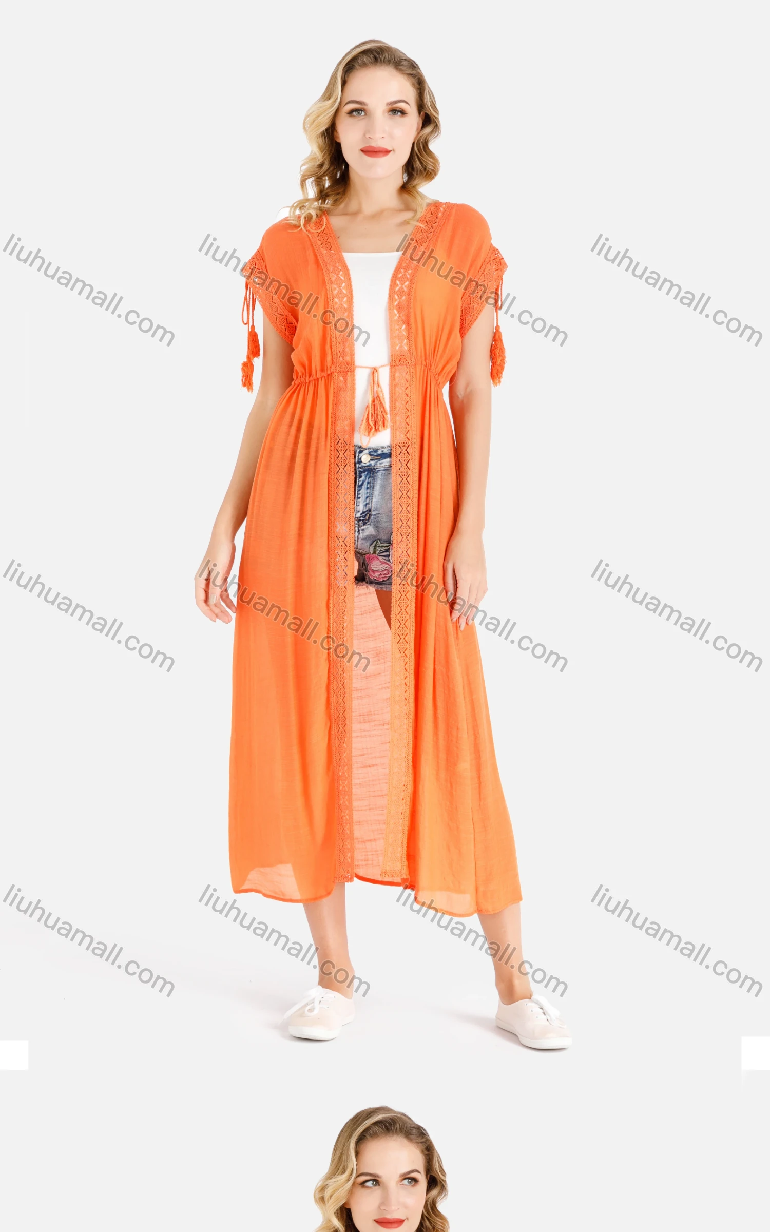 Wholesale Women's Casual Cap Sleeve Open Front Lace Trim Fringe Drawstring Plain Midi Cover Up - Liuhuamall