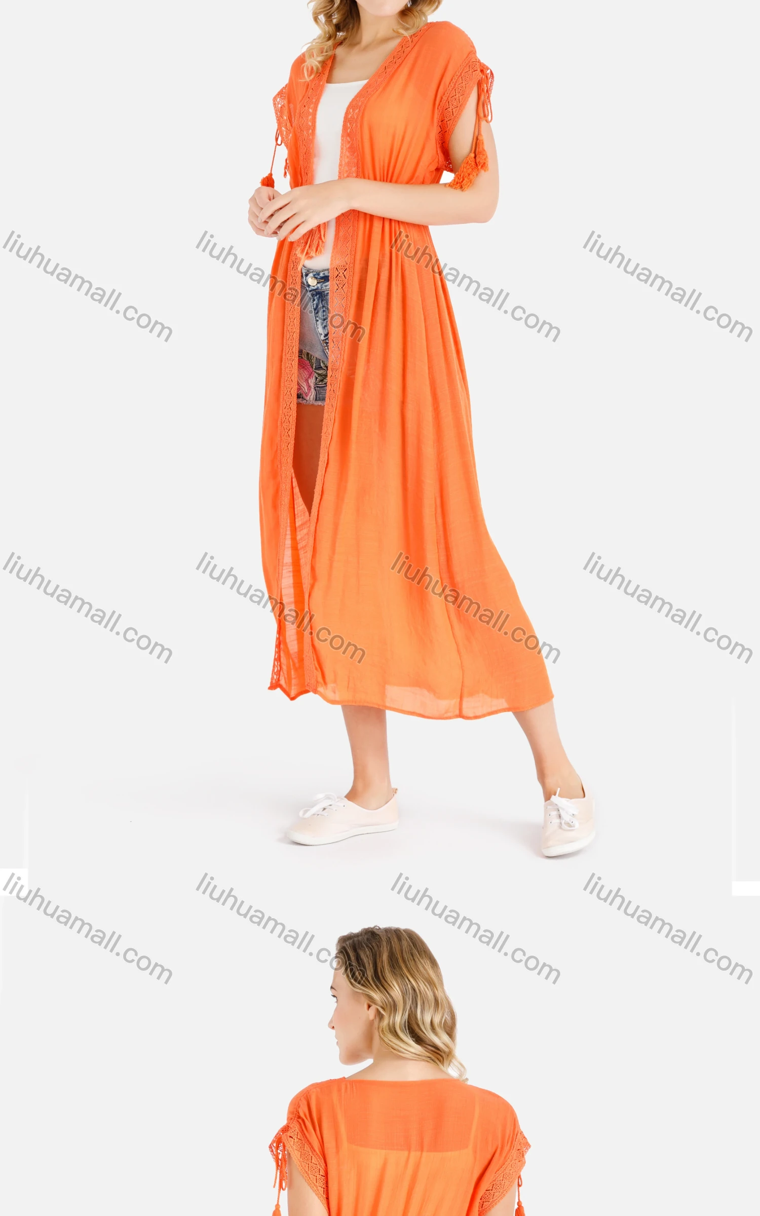 Wholesale Women's Casual Cap Sleeve Open Front Lace Trim Fringe Drawstring Plain Midi Cover Up - Liuhuamall