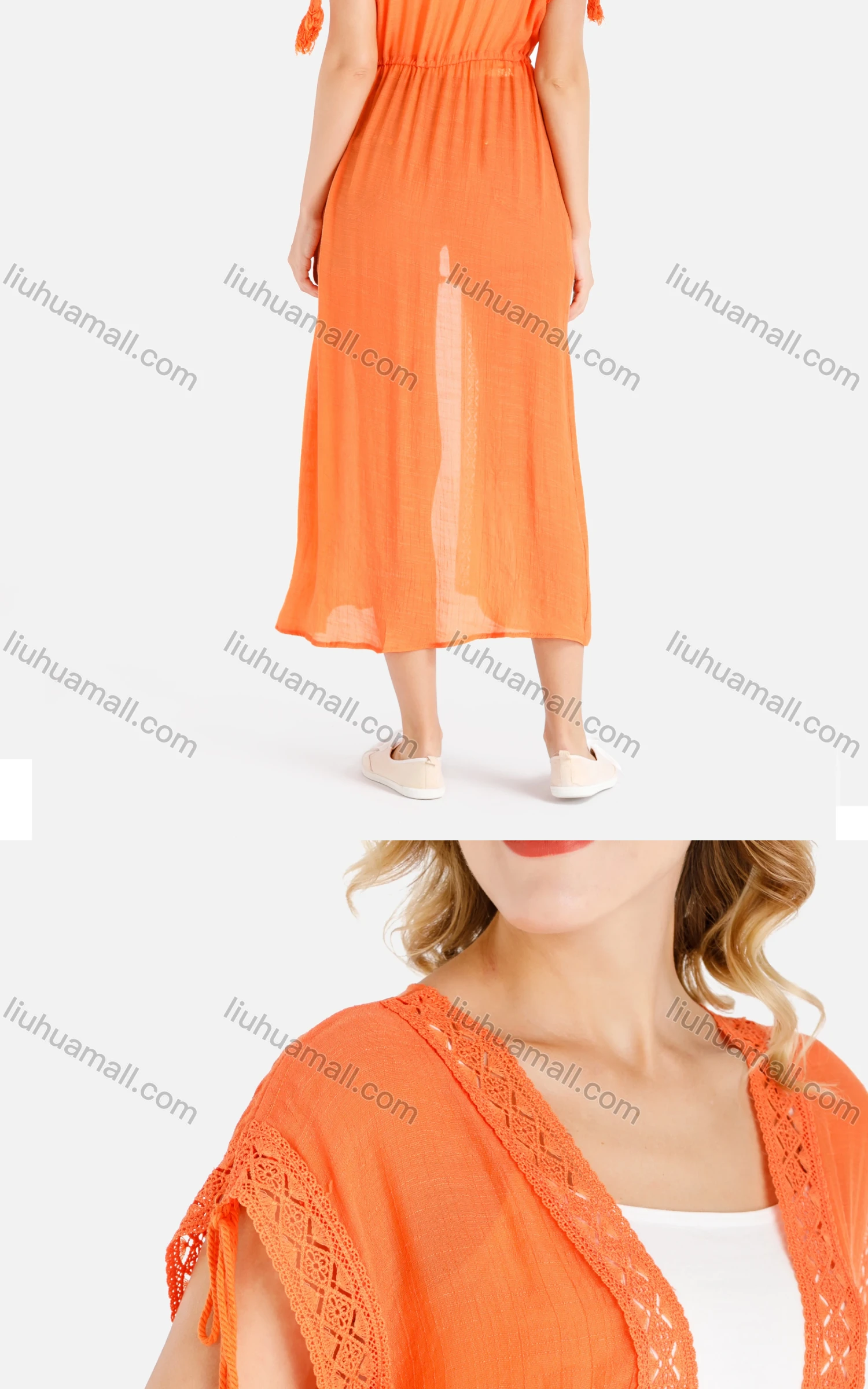 Wholesale Women's Casual Cap Sleeve Open Front Lace Trim Fringe Drawstring Plain Midi Cover Up - Liuhuamall