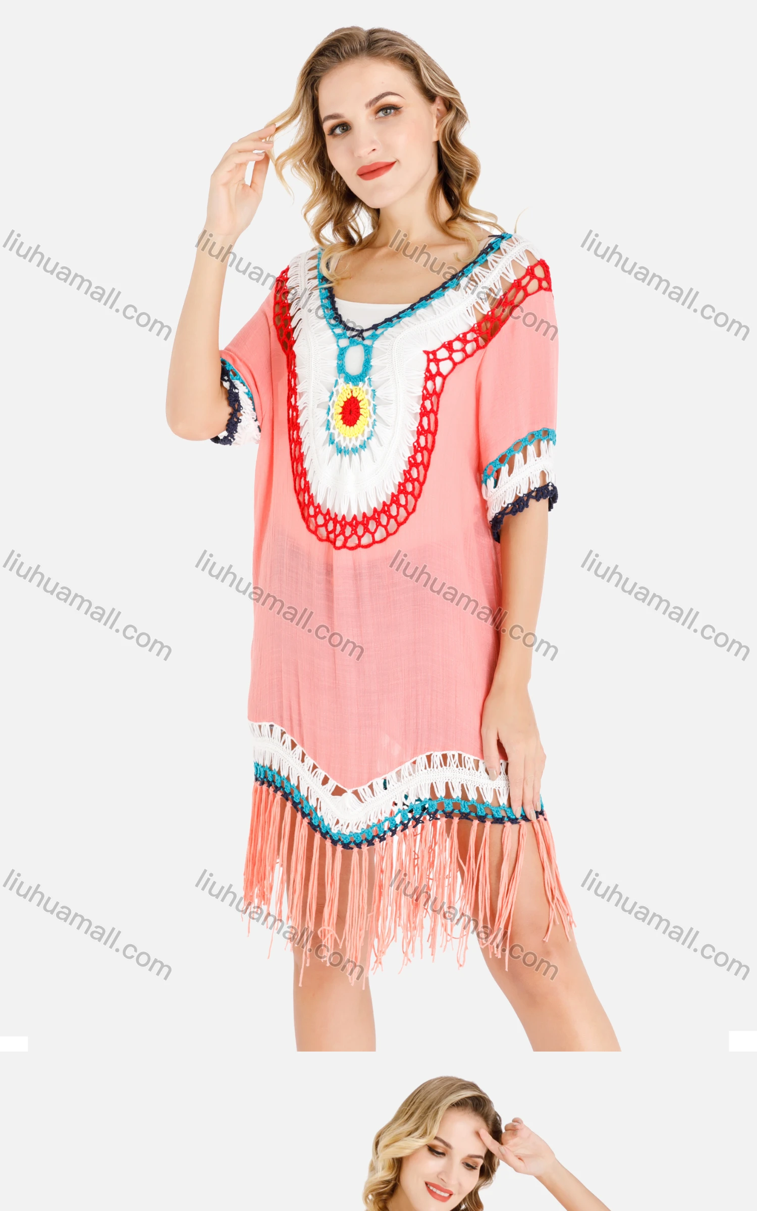 Wholesale Women's Casual V Neck Half Sleeve Weave Trim Fringe Hem Cover Up - Liuhuamall