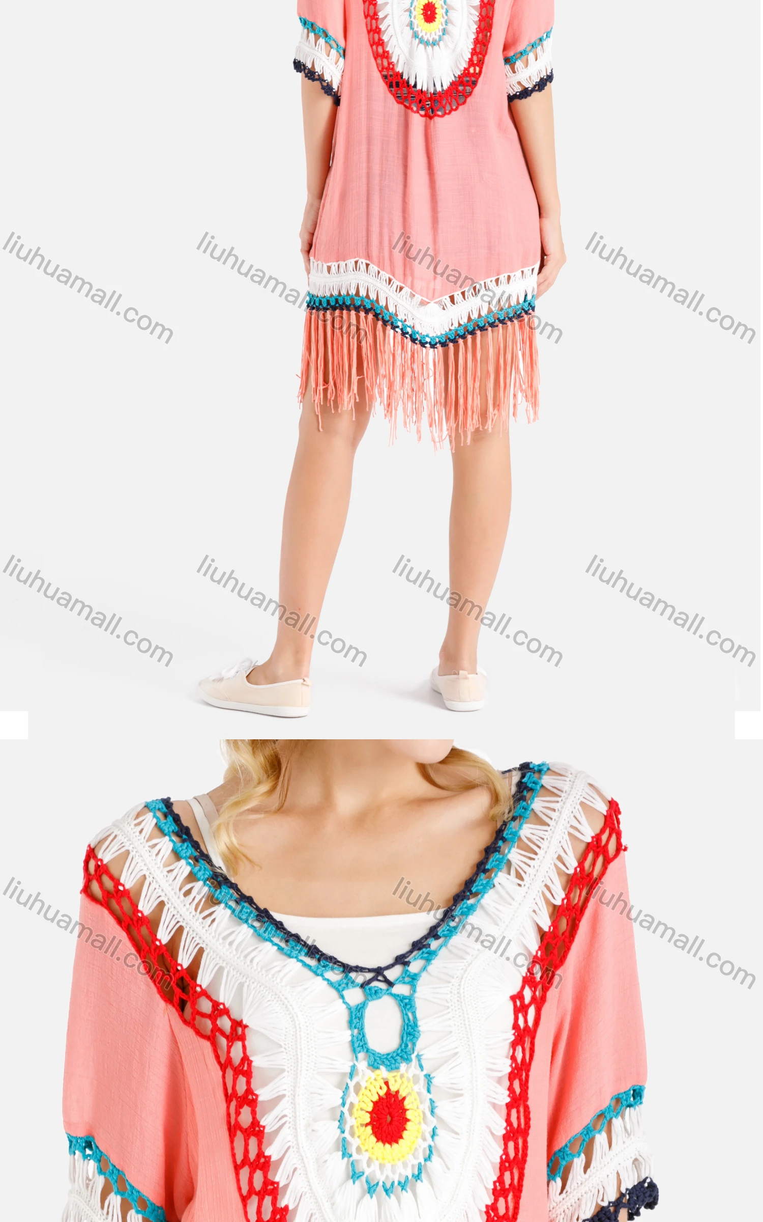 Wholesale Women's Casual V Neck Half Sleeve Weave Trim Fringe Hem Cover Up - Liuhuamall