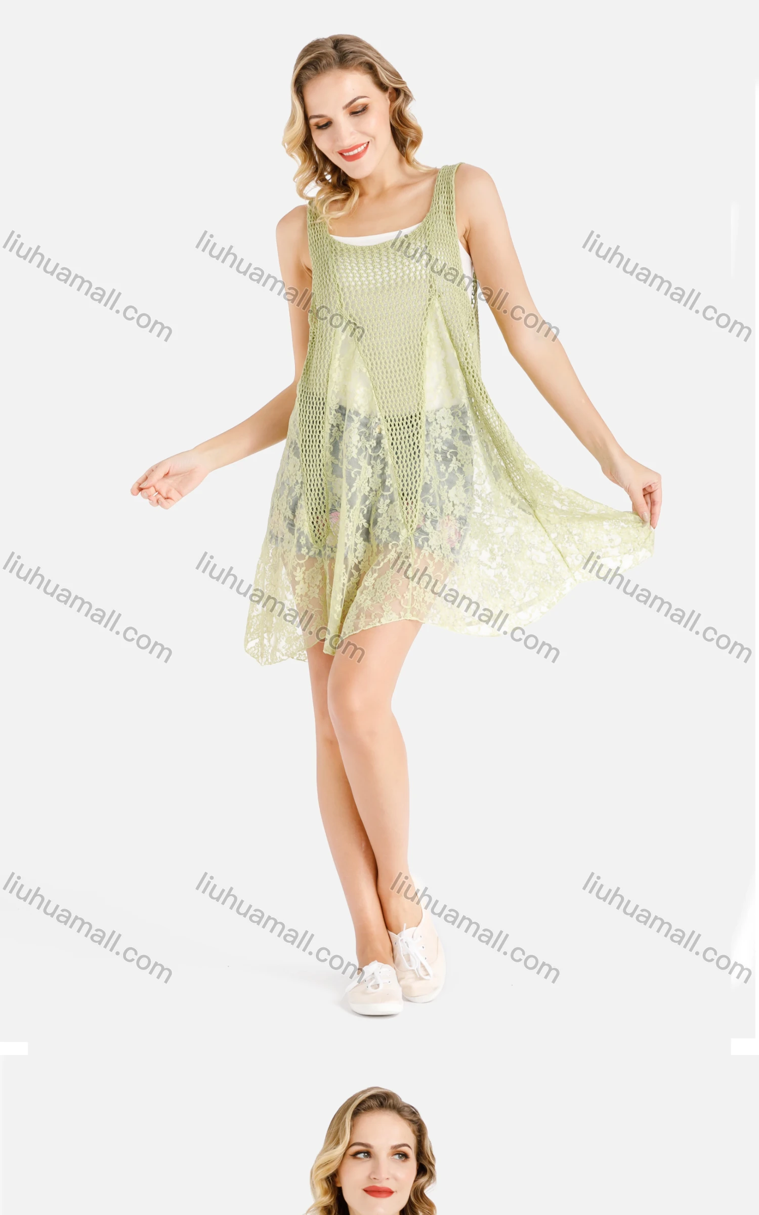 Wholesale Women's Casual Sleeveless Floral Weave&Lace Asymmetrical Hem Cover Up - Liuhuamall