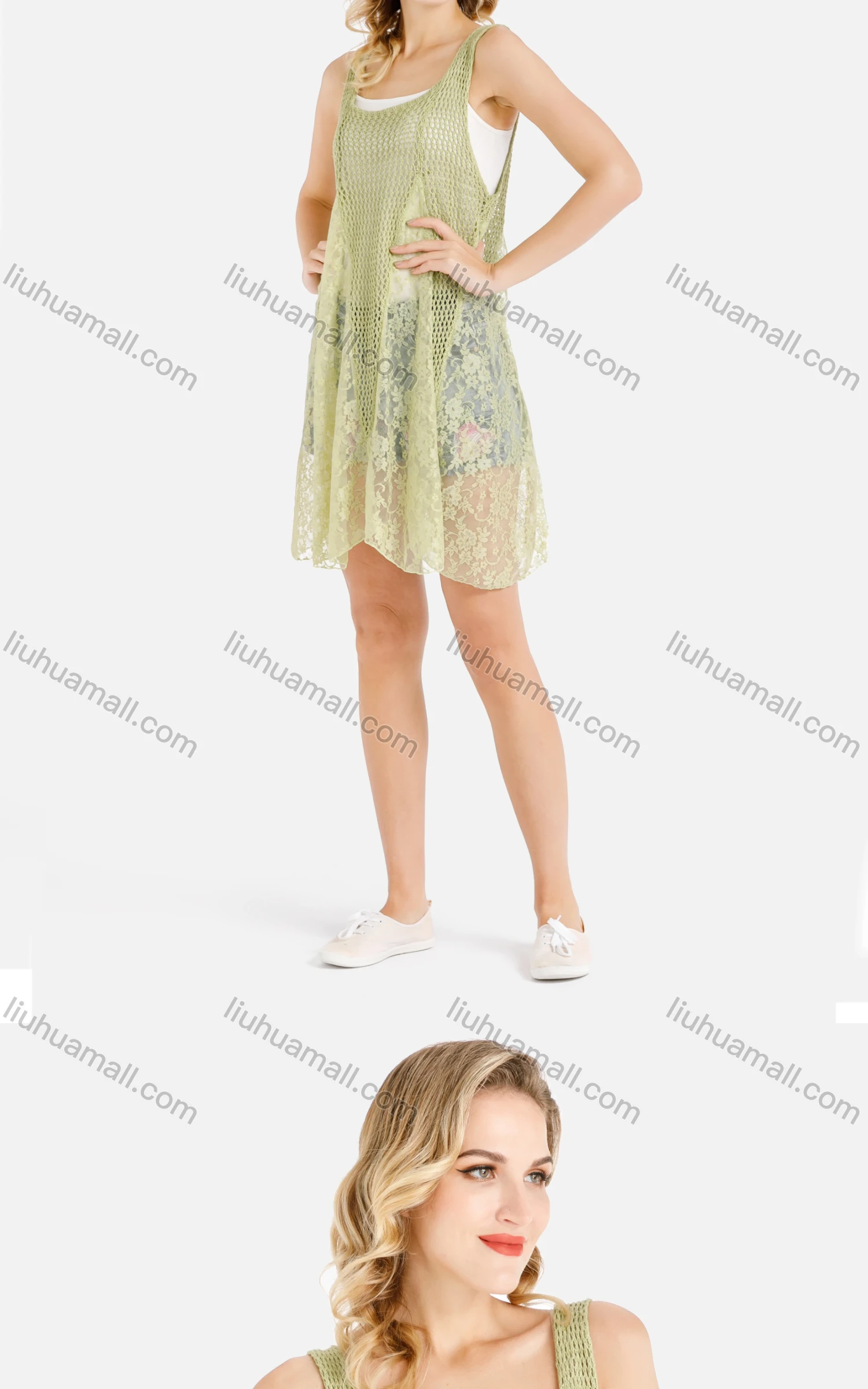 Wholesale Women's Casual Sleeveless Floral Weave&Lace Asymmetrical Hem Cover Up - Liuhuamall