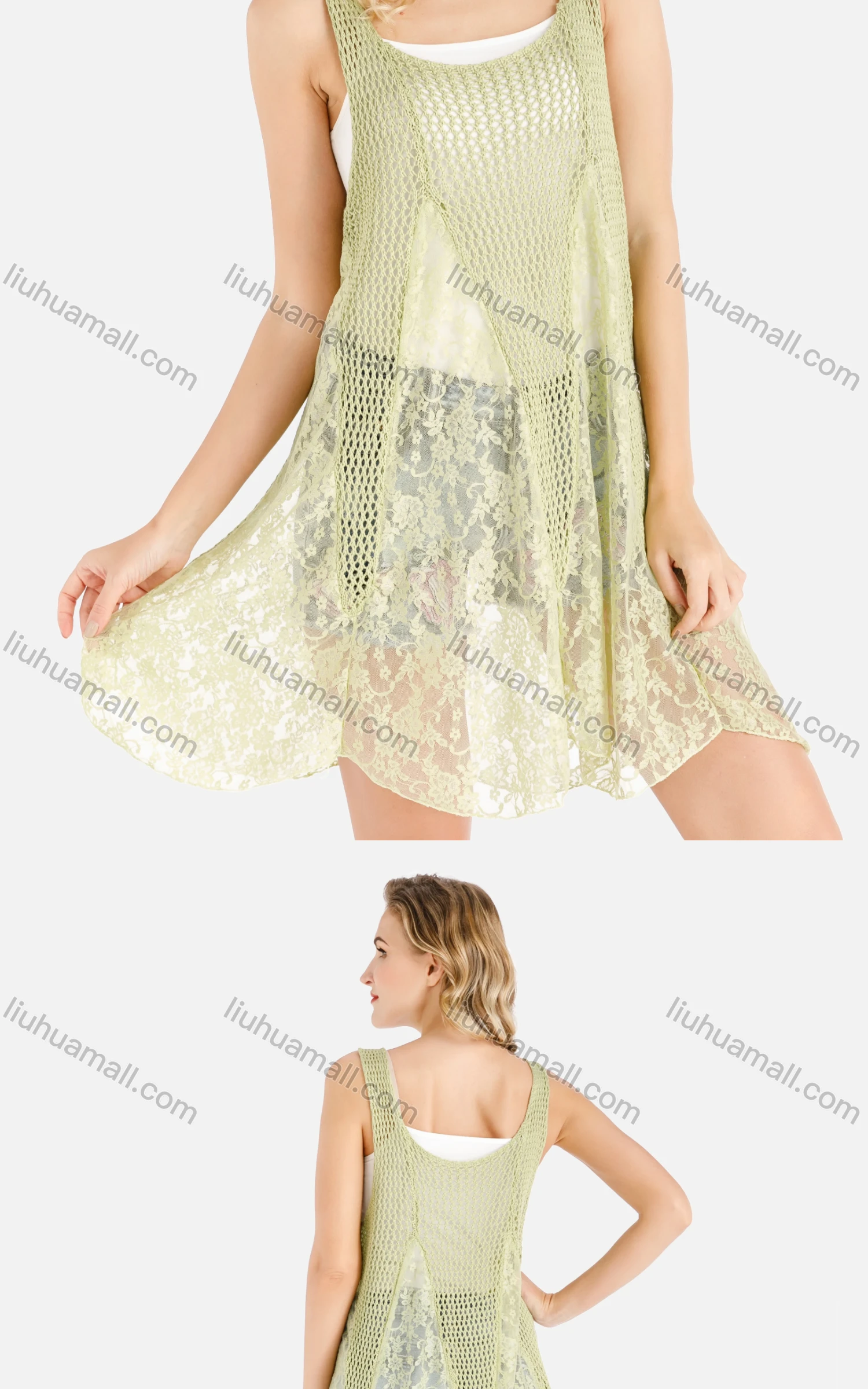 Wholesale Women's Casual Sleeveless Floral Weave&Lace Asymmetrical Hem Cover Up - Liuhuamall