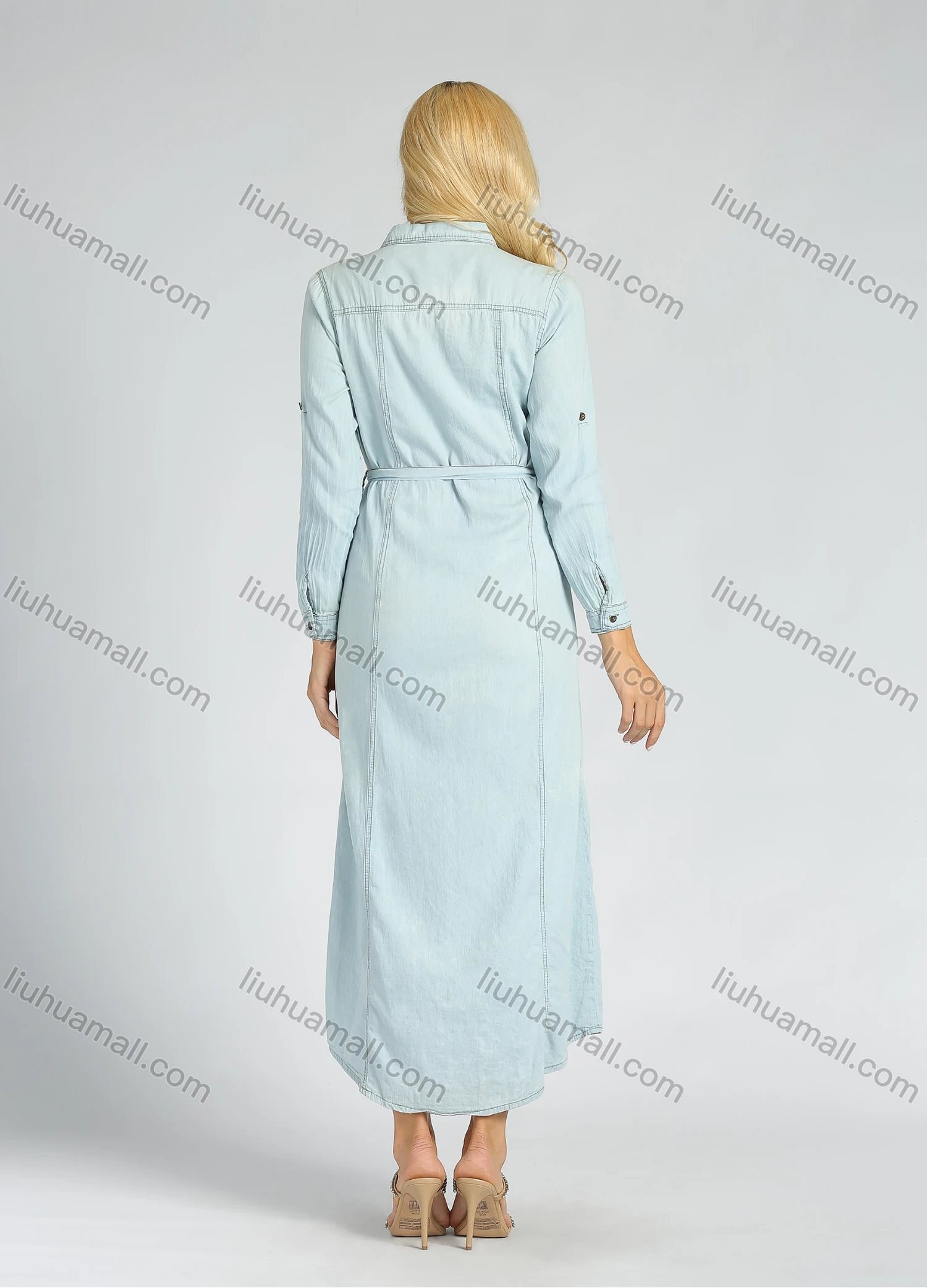 Wholesale Women's Plain Button Down Long Sleeve Midi Shirt Dress With Belt - Liuhuamall