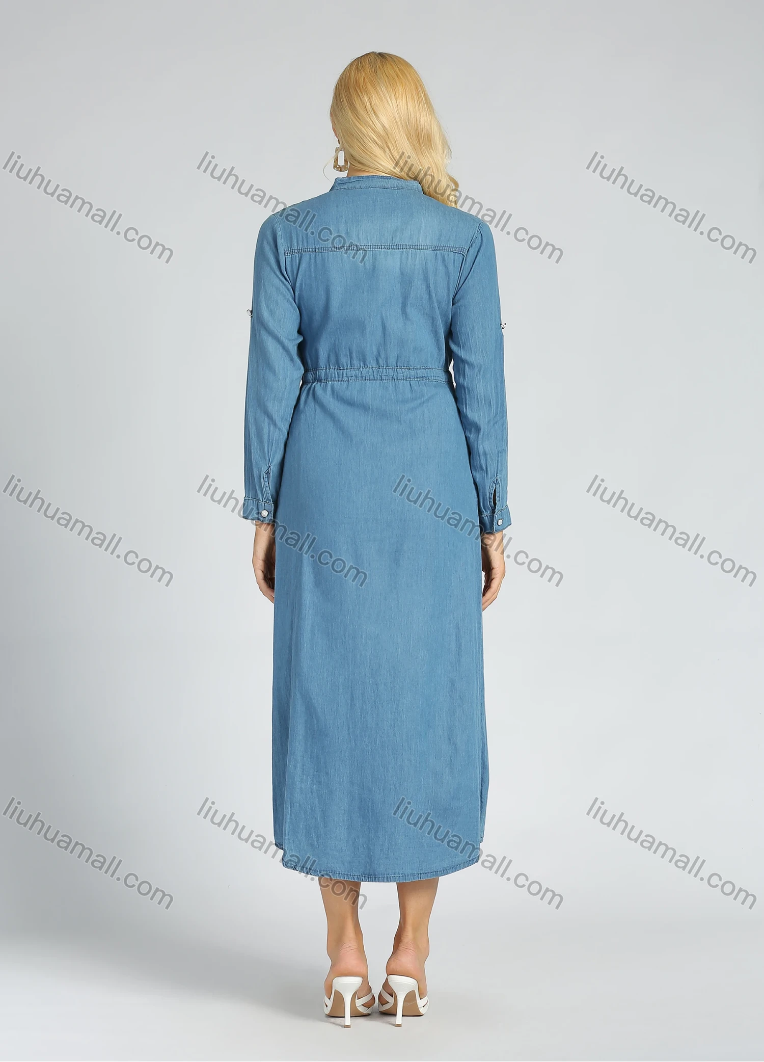 Wholesale Women's Cotton Collared Button Down Drawstring Long Sleeve Midi Shirt Dress - Liuhuamall