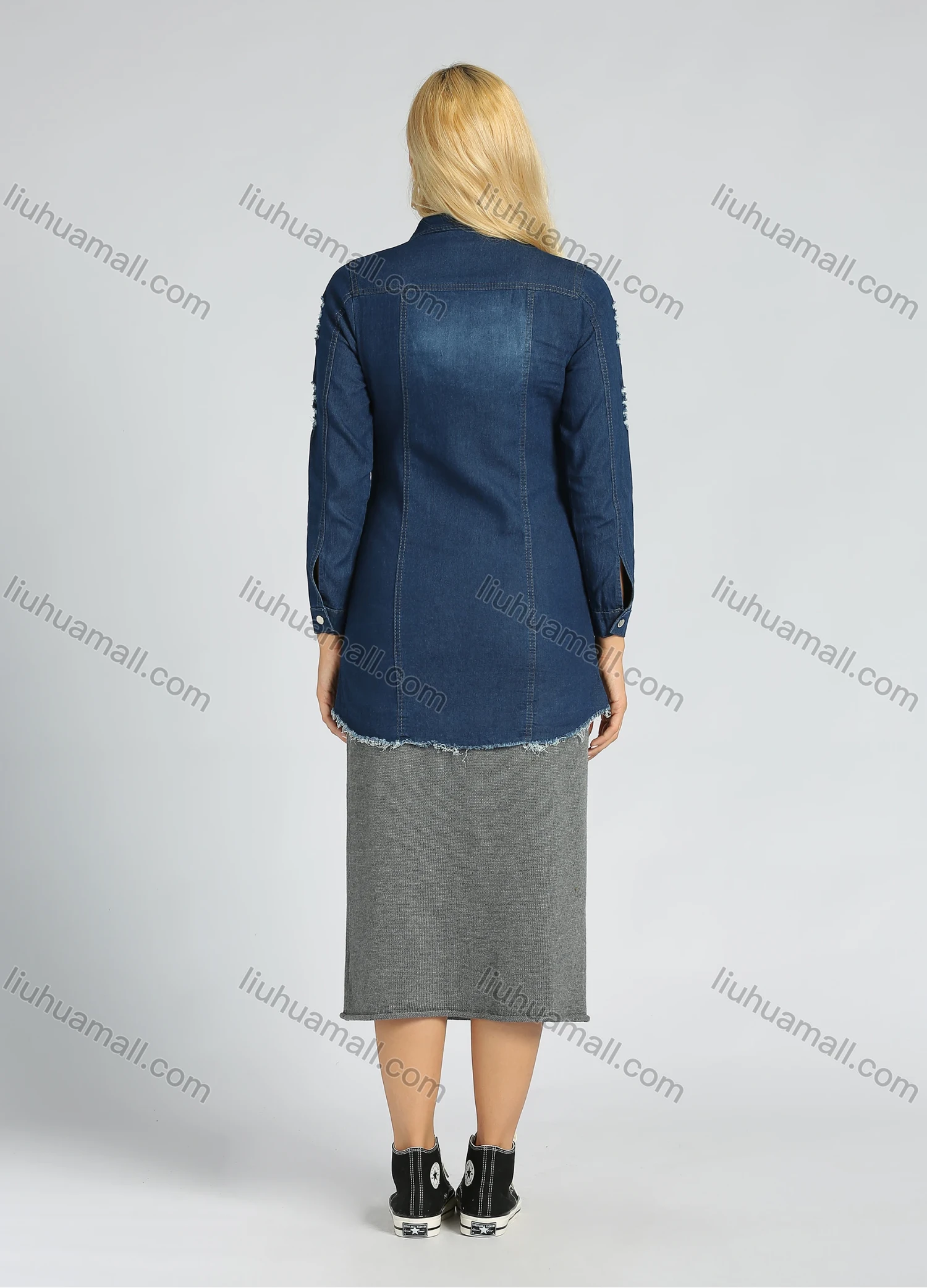 Wholesale Women's Distressed Washed Ripped Button Down Long Sleeve Top Frayed Raw Hem Denim Shirt - Liuhuamall