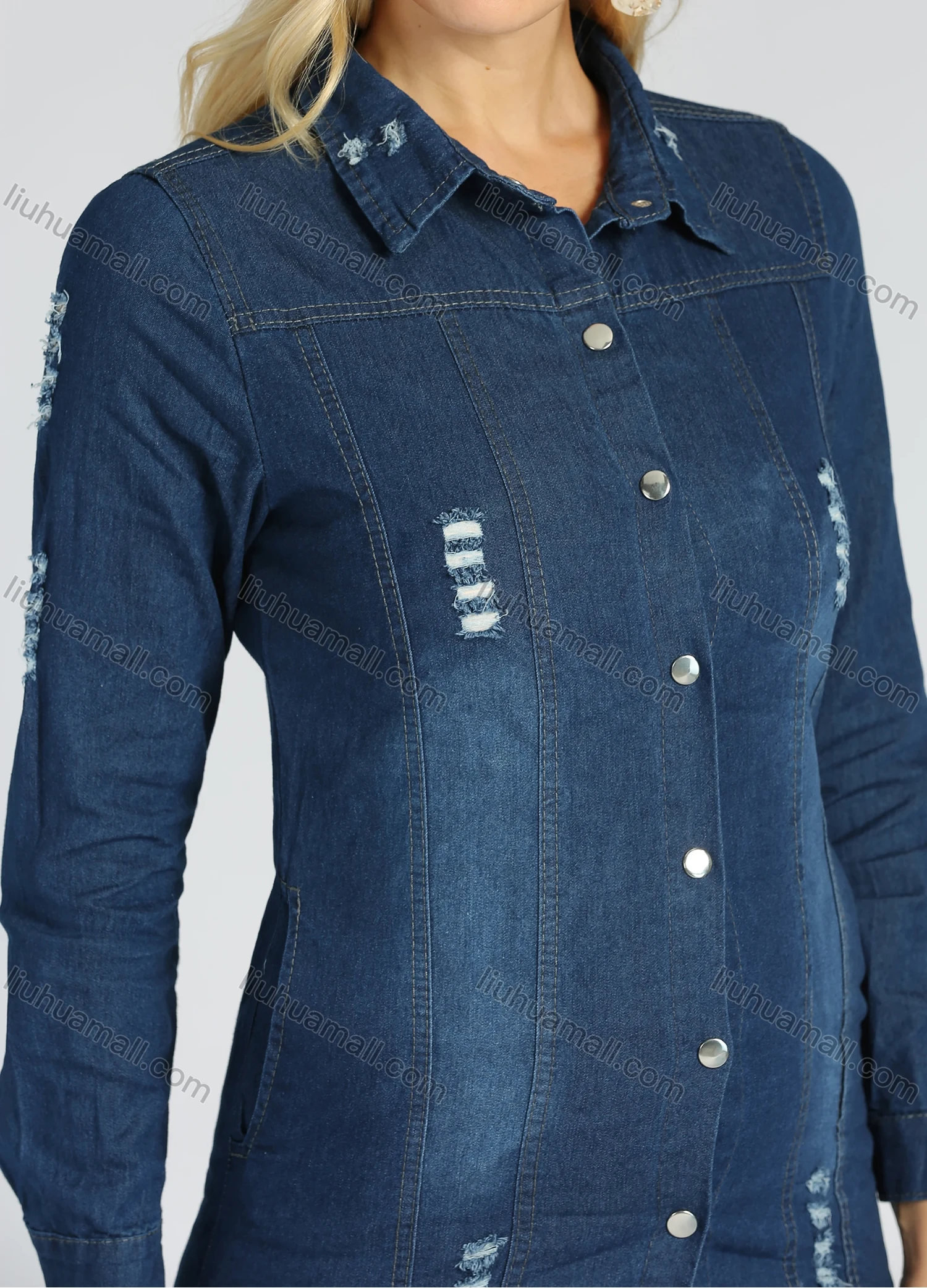 Wholesale Women's Distressed Washed Ripped Button Down Long Sleeve Top Frayed Raw Hem Denim Shirt - Liuhuamall