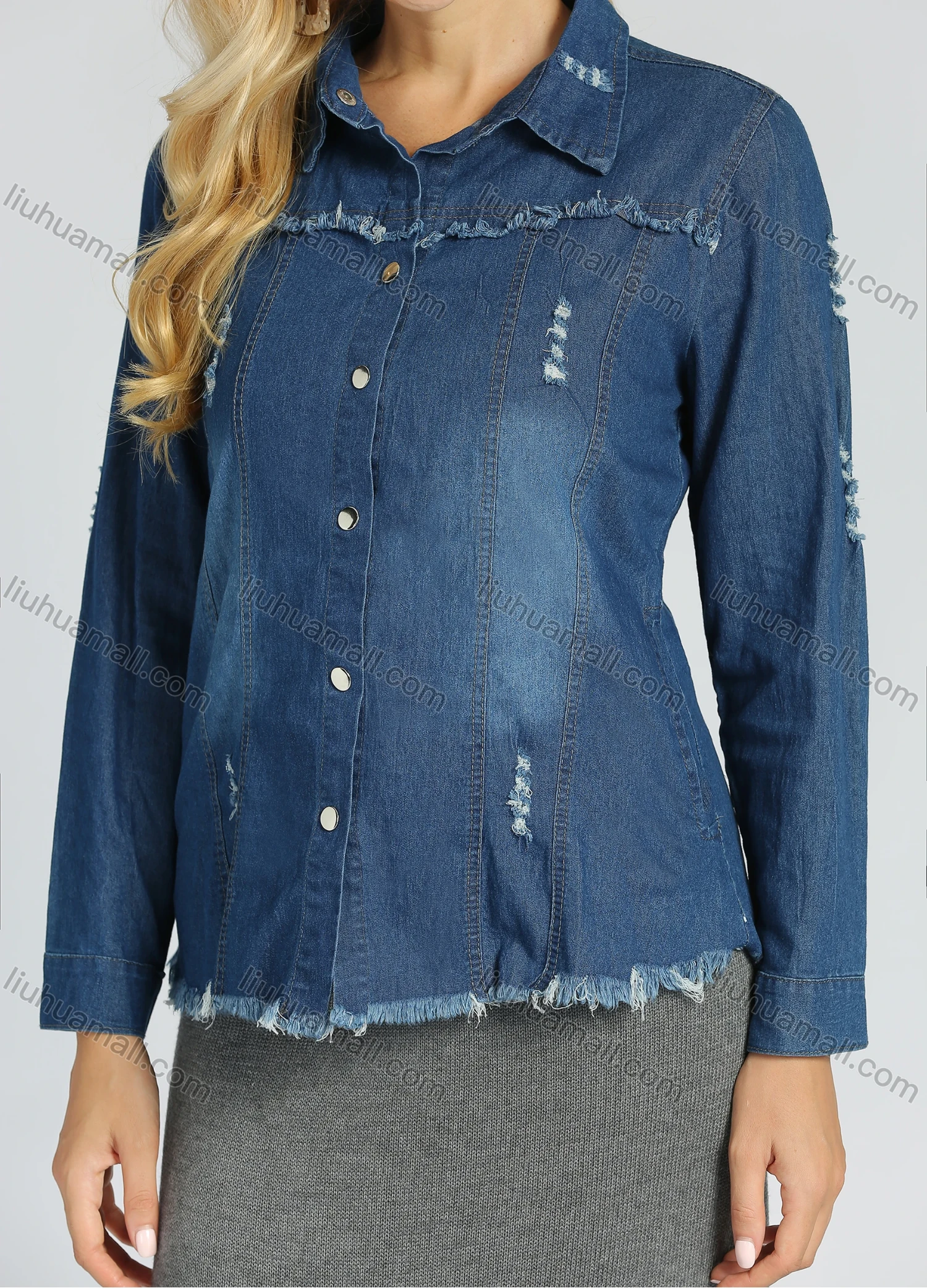 Wholesale Women's Distressed Washed Ripped Button Down Long Sleeve Top Frayed Raw Hem Denim Shirt - Liuhuamall