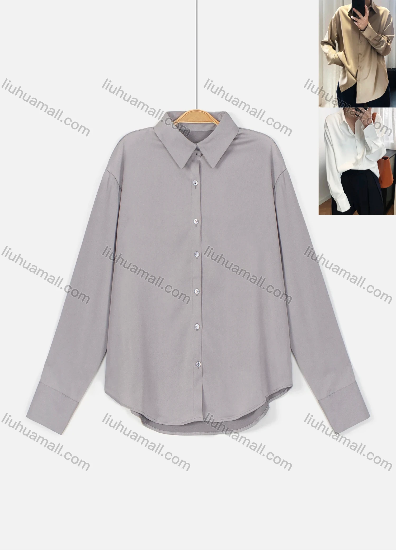 Wholesale Women's Casual Collared Button Down Plain Satin Chiffon Curved Hem Shirt 630# - Liuhuamall