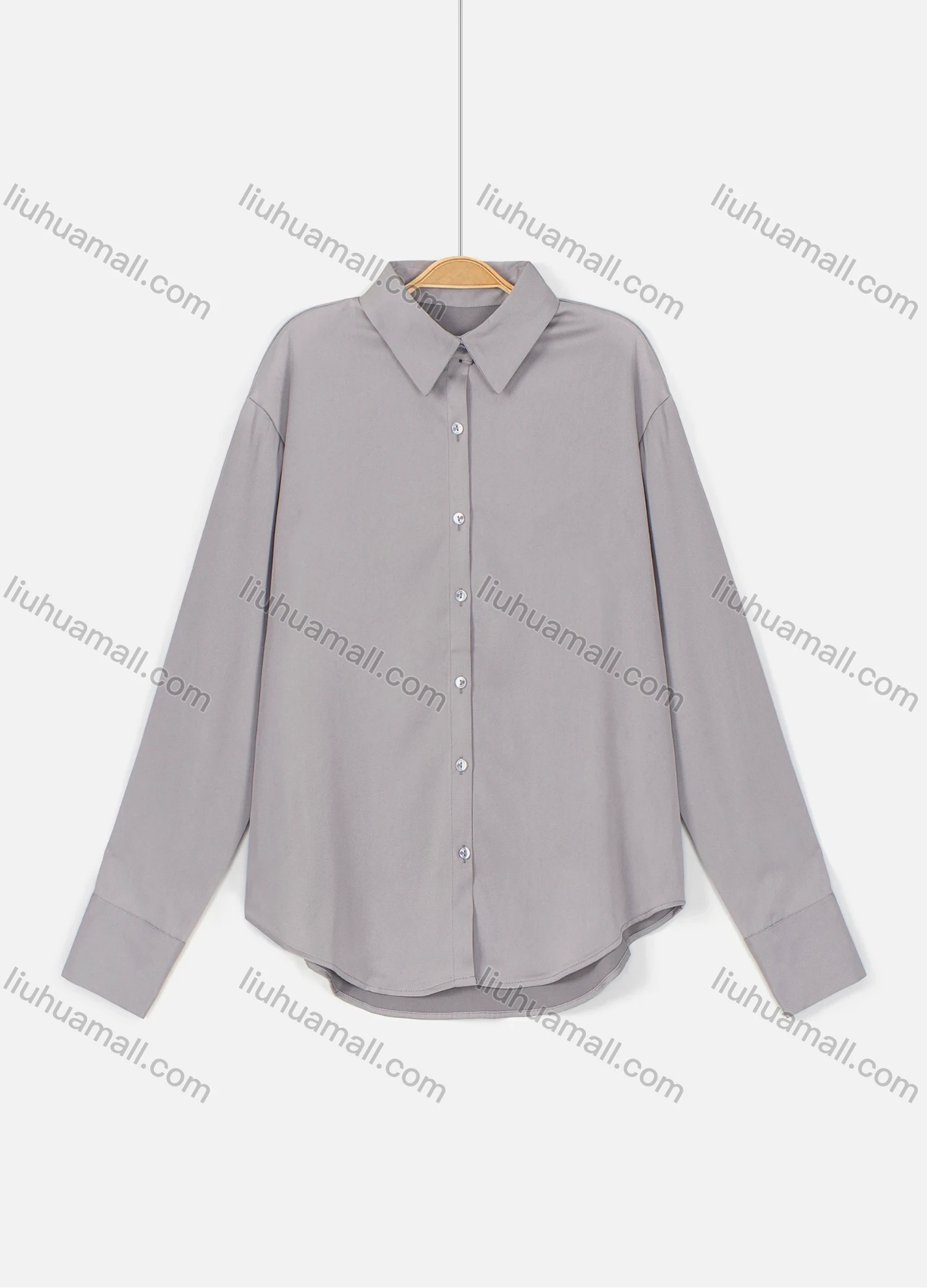 Wholesale Women's Casual Collared Button Down Plain Satin Chiffon Curved Hem Shirt 630# - Liuhuamall