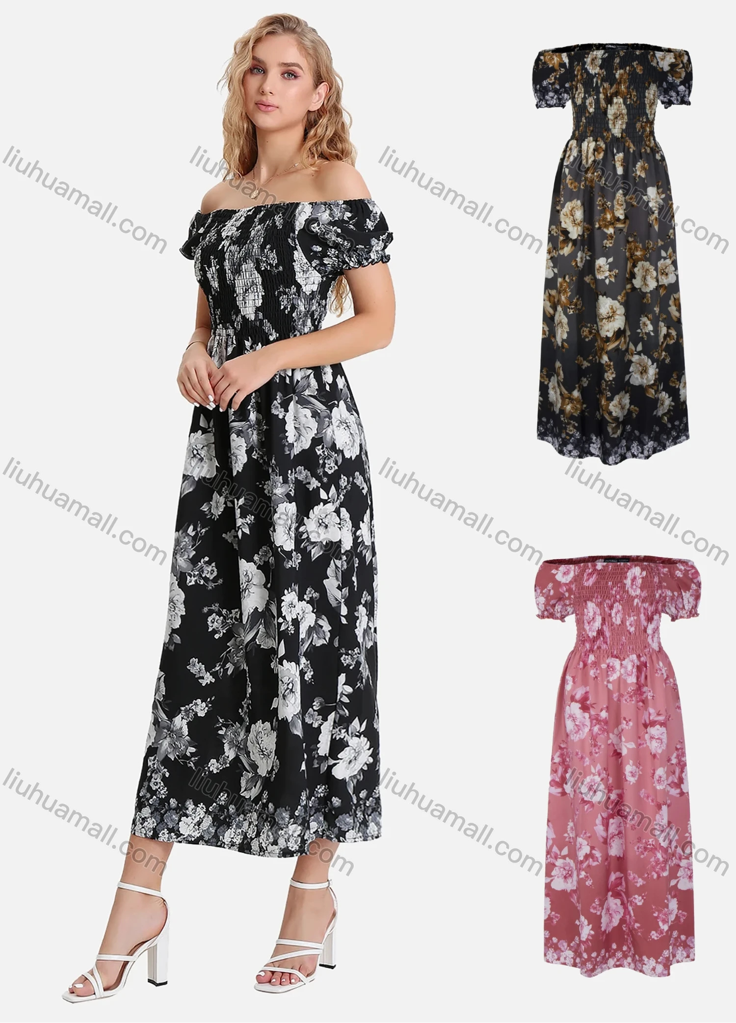 Wholesale Women's Casual Floral Print Off Shoulder Shirred Puff Sleeve Ruffle Hem Maxi Dress FL8071# - Liuhuamall