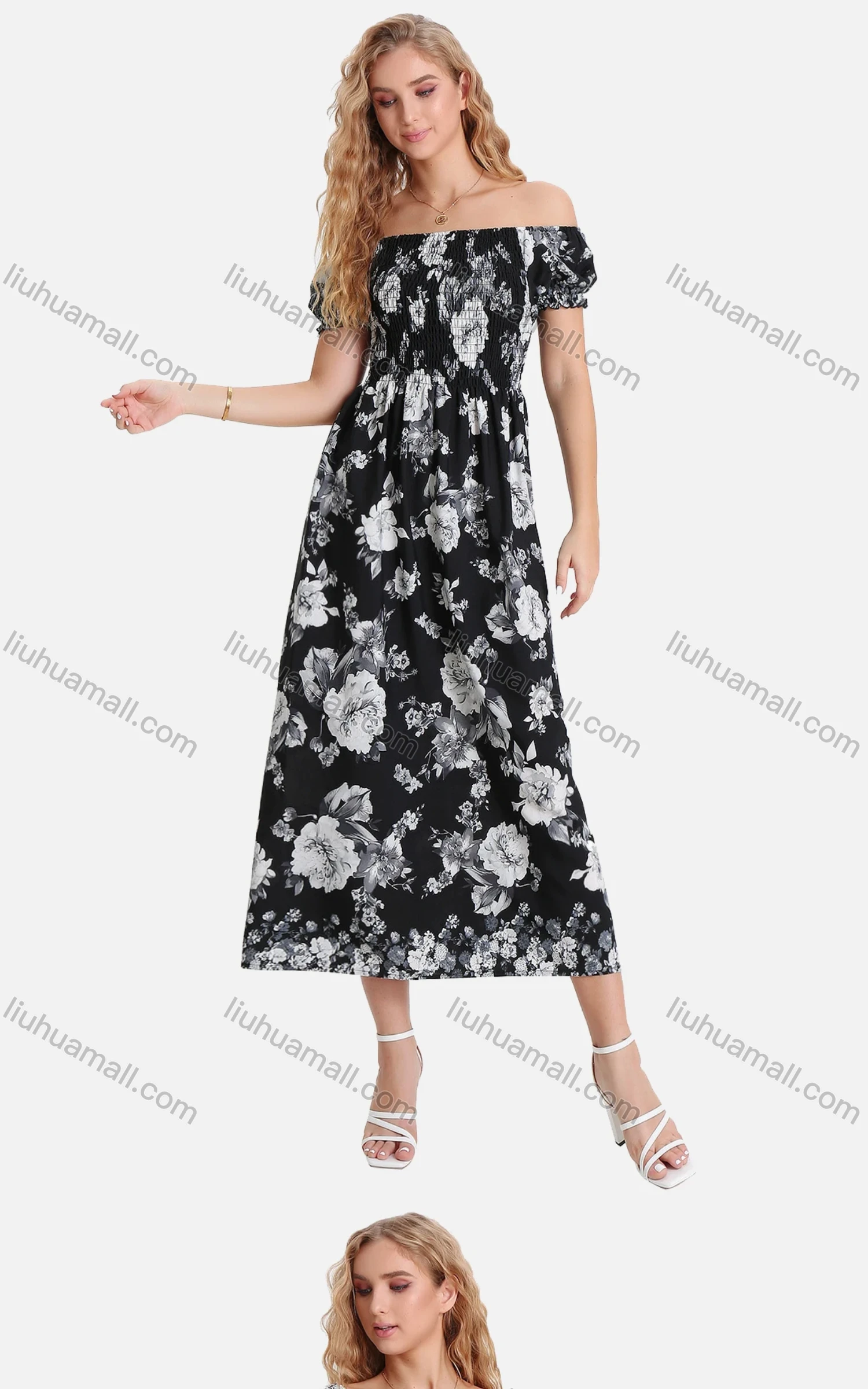 Wholesale Women's Casual Floral Print Off Shoulder Shirred Puff Sleeve Ruffle Hem Maxi Dress FL8071# - Liuhuamall