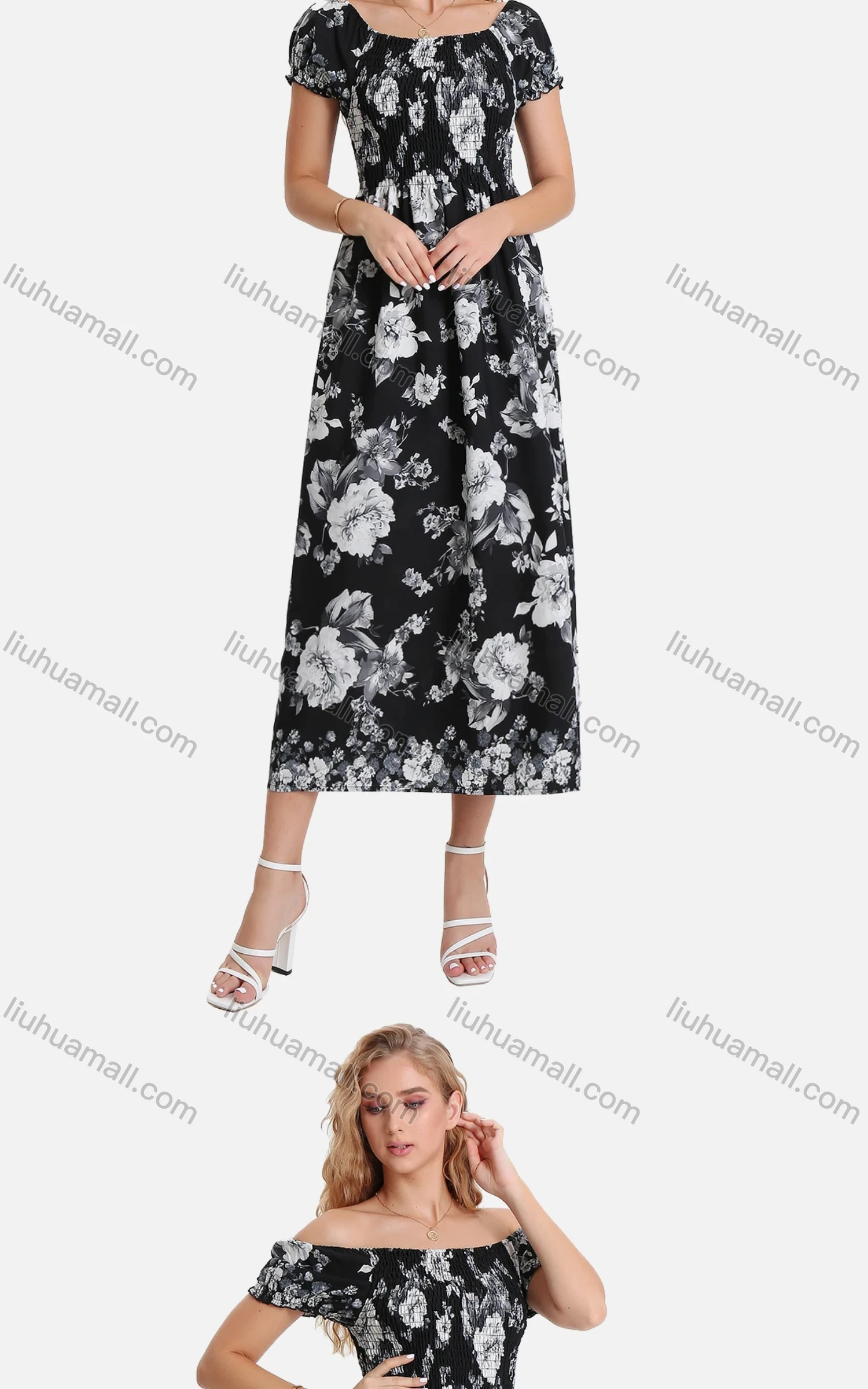 Wholesale Women's Casual Floral Print Off Shoulder Shirred Puff Sleeve Ruffle Hem Maxi Dress FL8071# - Liuhuamall